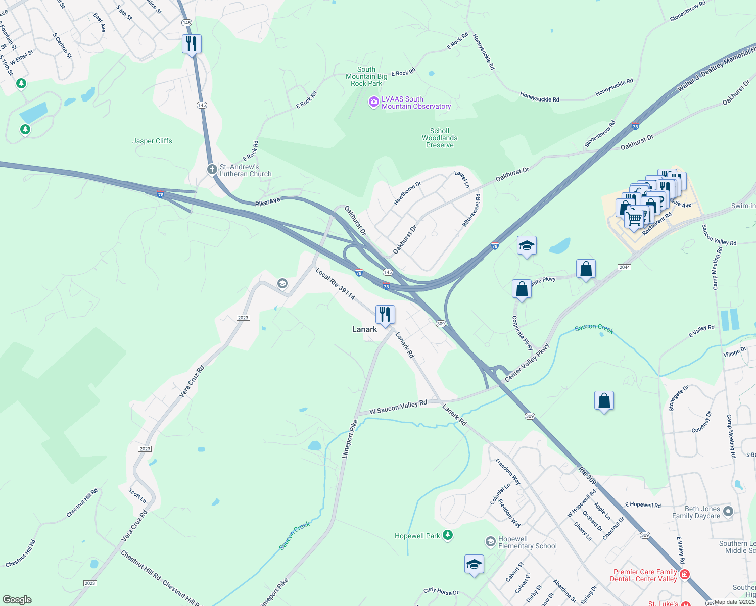 map of restaurants, bars, coffee shops, grocery stores, and more near 3475 Lanark Road in Coopersburg