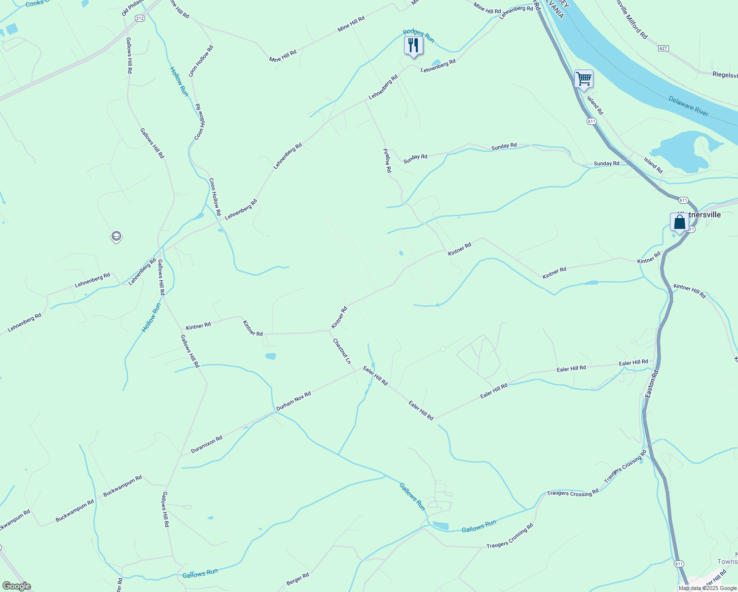 map of restaurants, bars, coffee shops, grocery stores, and more near 374 Kintner Road in Kintnersville