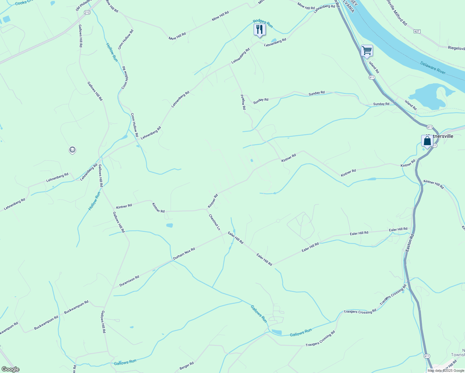 map of restaurants, bars, coffee shops, grocery stores, and more near 381 Kintner Road in Kintnersville