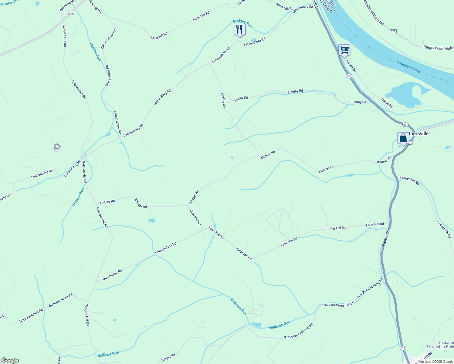 map of restaurants, bars, coffee shops, grocery stores, and more near 374 Kintner Road in Kintnersville