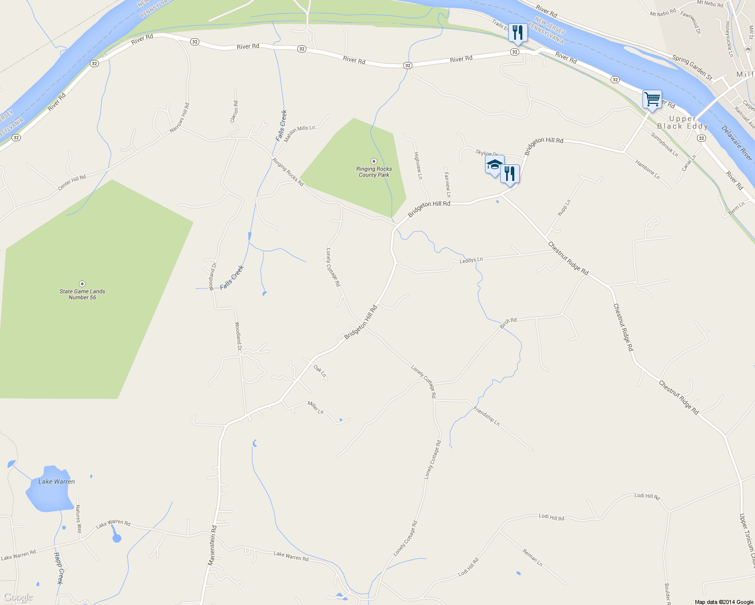 map of restaurants, bars, coffee shops, grocery stores, and more near 1221 Bridgeton Hill Road in Upper Black Eddy