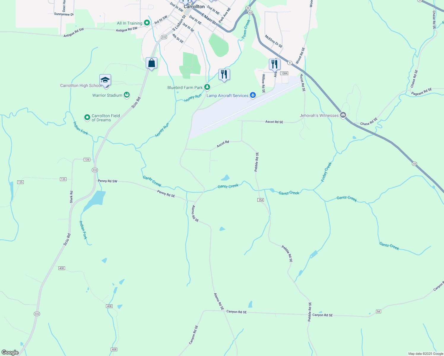 map of restaurants, bars, coffee shops, grocery stores, and more near 160 Moore Street Southeast in Carrollton