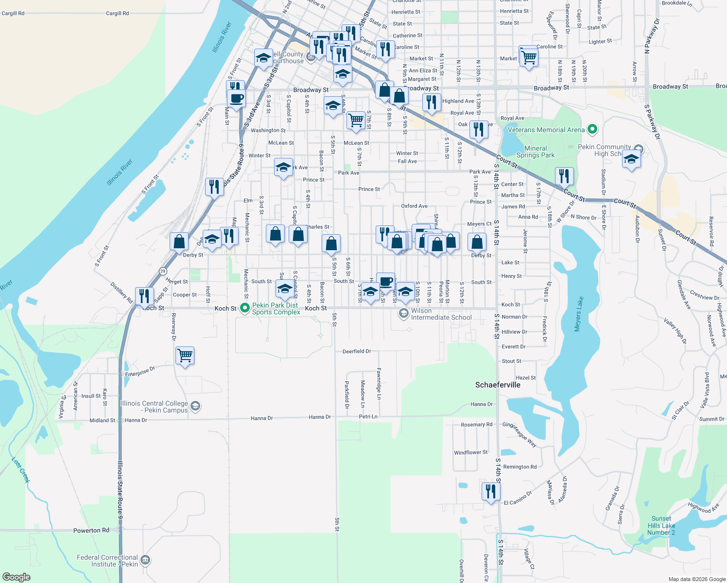 map of restaurants, bars, coffee shops, grocery stores, and more near 1408 S 7th St in Pekin