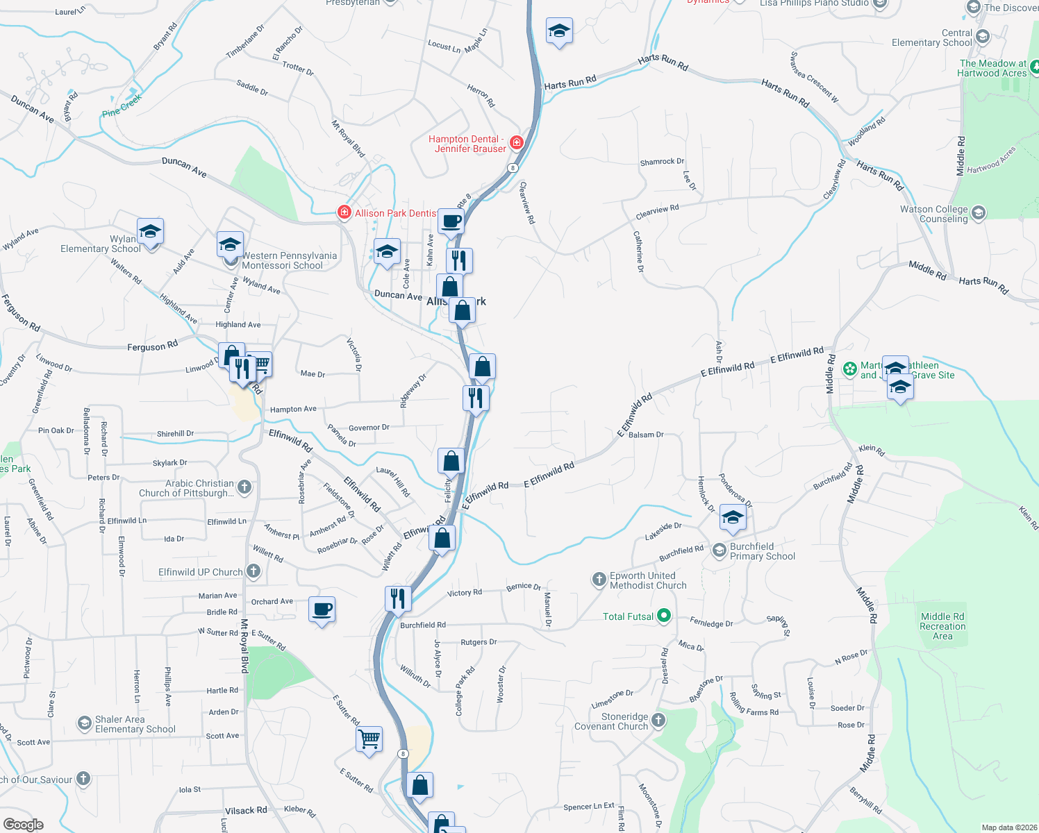 map of restaurants, bars, coffee shops, grocery stores, and more near 3717 Hieber Lane in Allegheny County