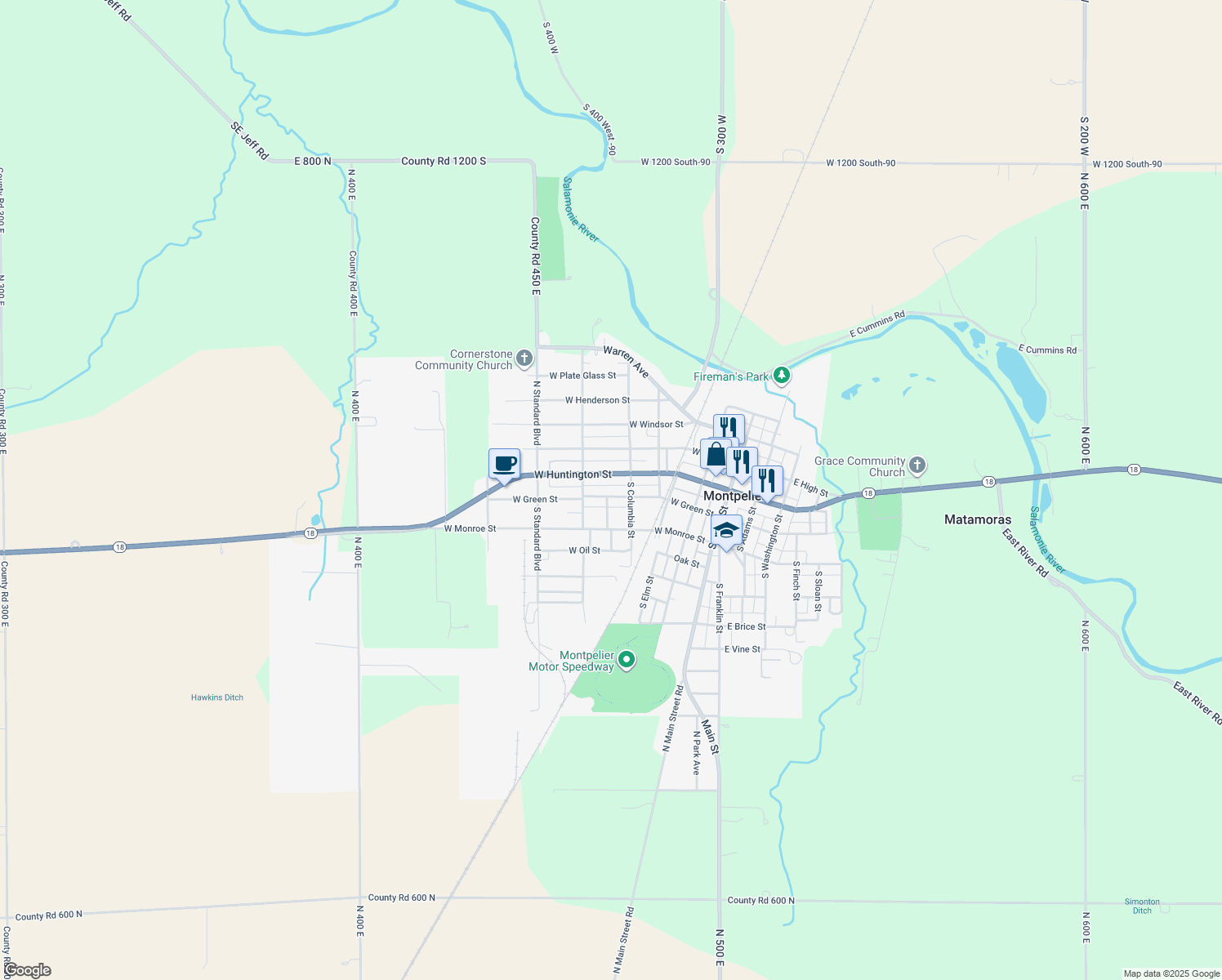 map of restaurants, bars, coffee shops, grocery stores, and more near 434 West Green Street in Montpelier