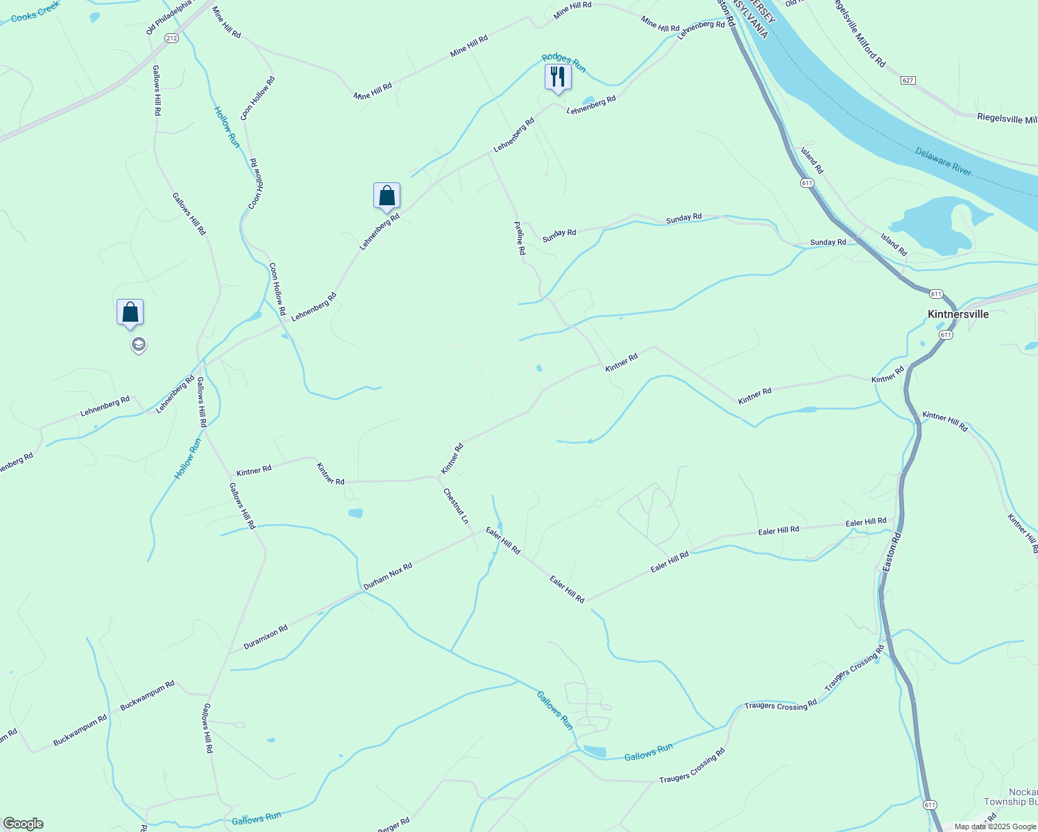 map of restaurants, bars, coffee shops, grocery stores, and more near 408 Kintner Road in Kintnersville