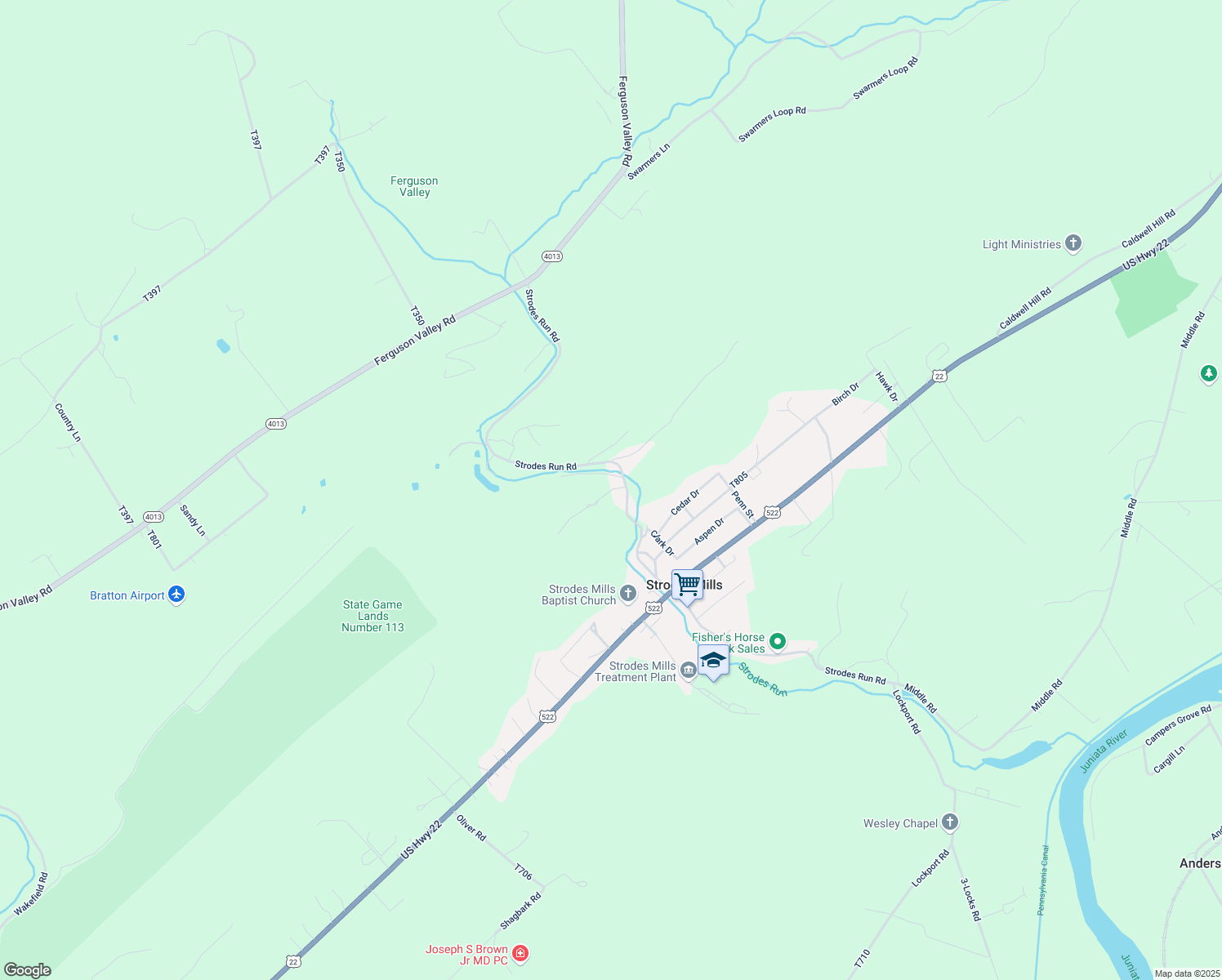 map of restaurants, bars, coffee shops, grocery stores, and more near 184 Strodes Run Road in Lewistown