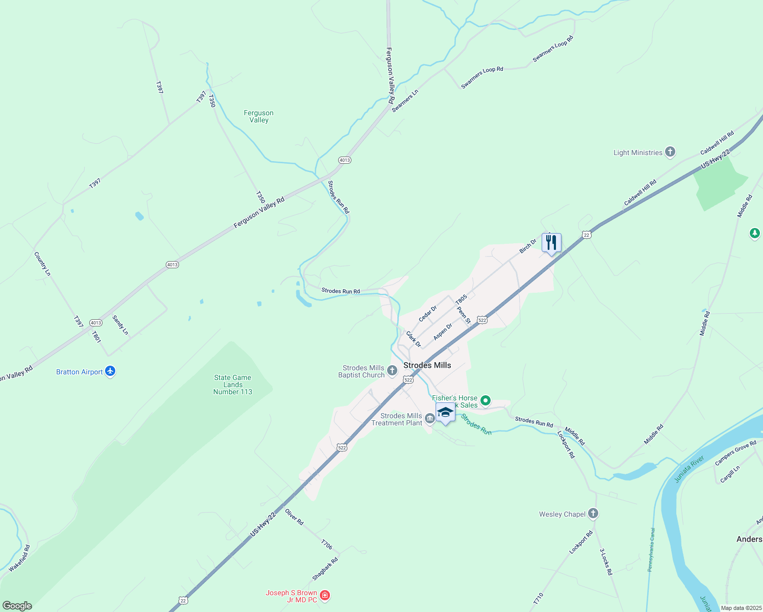 map of restaurants, bars, coffee shops, grocery stores, and more near 184 Strodes Run Road in Lewistown
