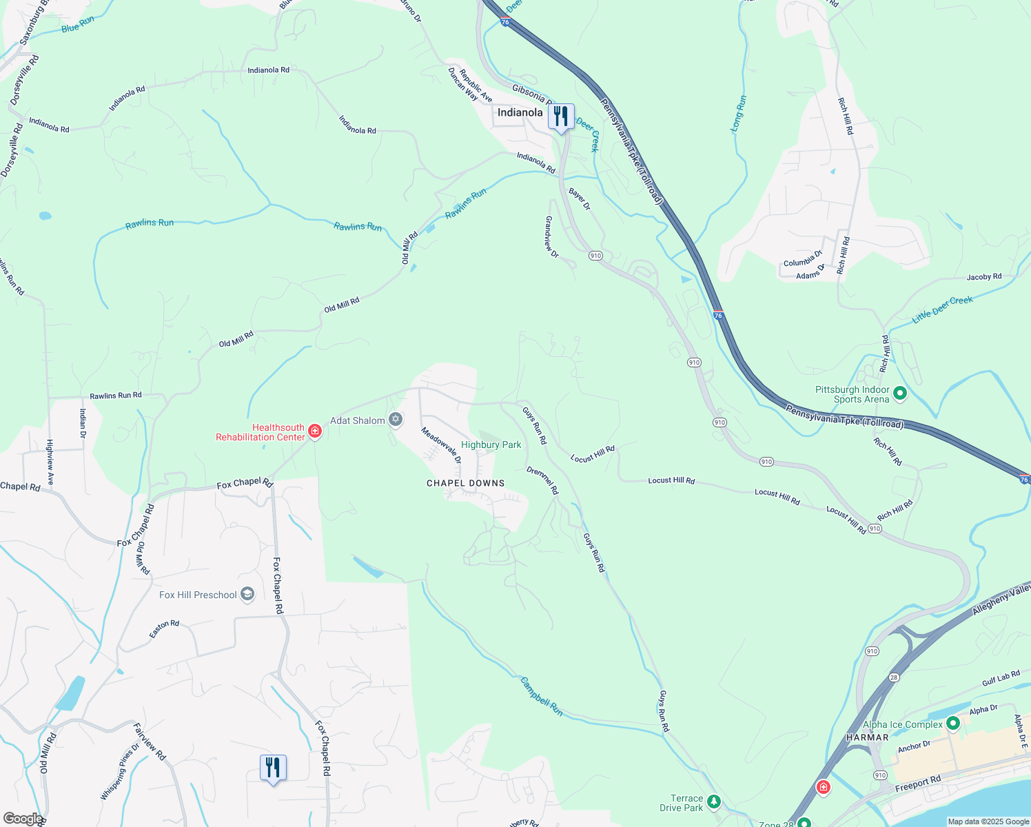 map of restaurants, bars, coffee shops, grocery stores, and more near 451 Guys Run Road in Cheswick