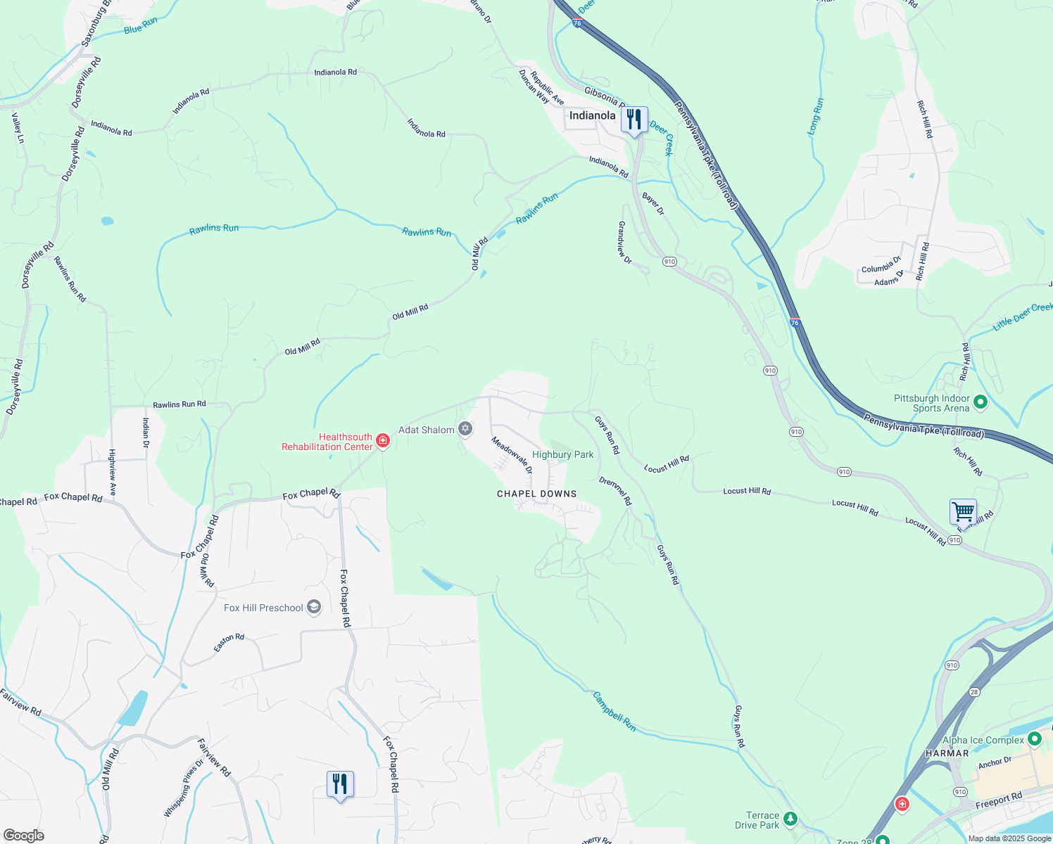 map of restaurants, bars, coffee shops, grocery stores, and more near 433 Guys Run Road in Cheswick
