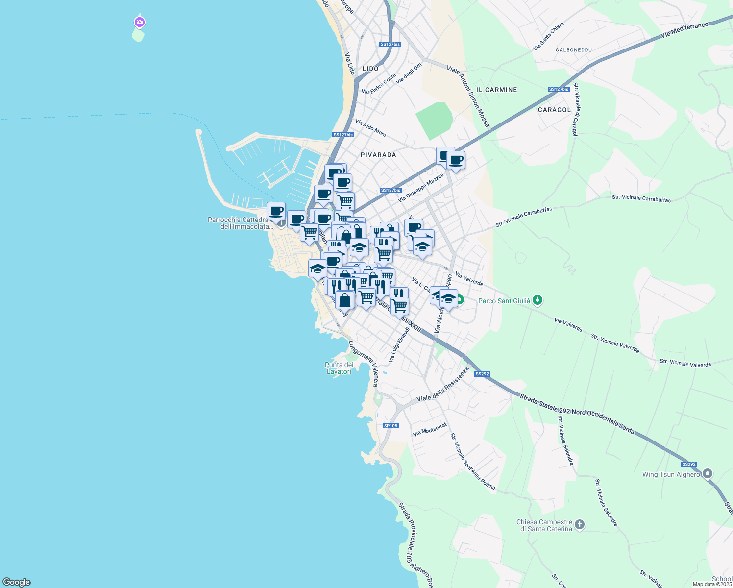 map of restaurants, bars, coffee shops, grocery stores, and more near 69 Via Alessandro Manzoni in Alghero