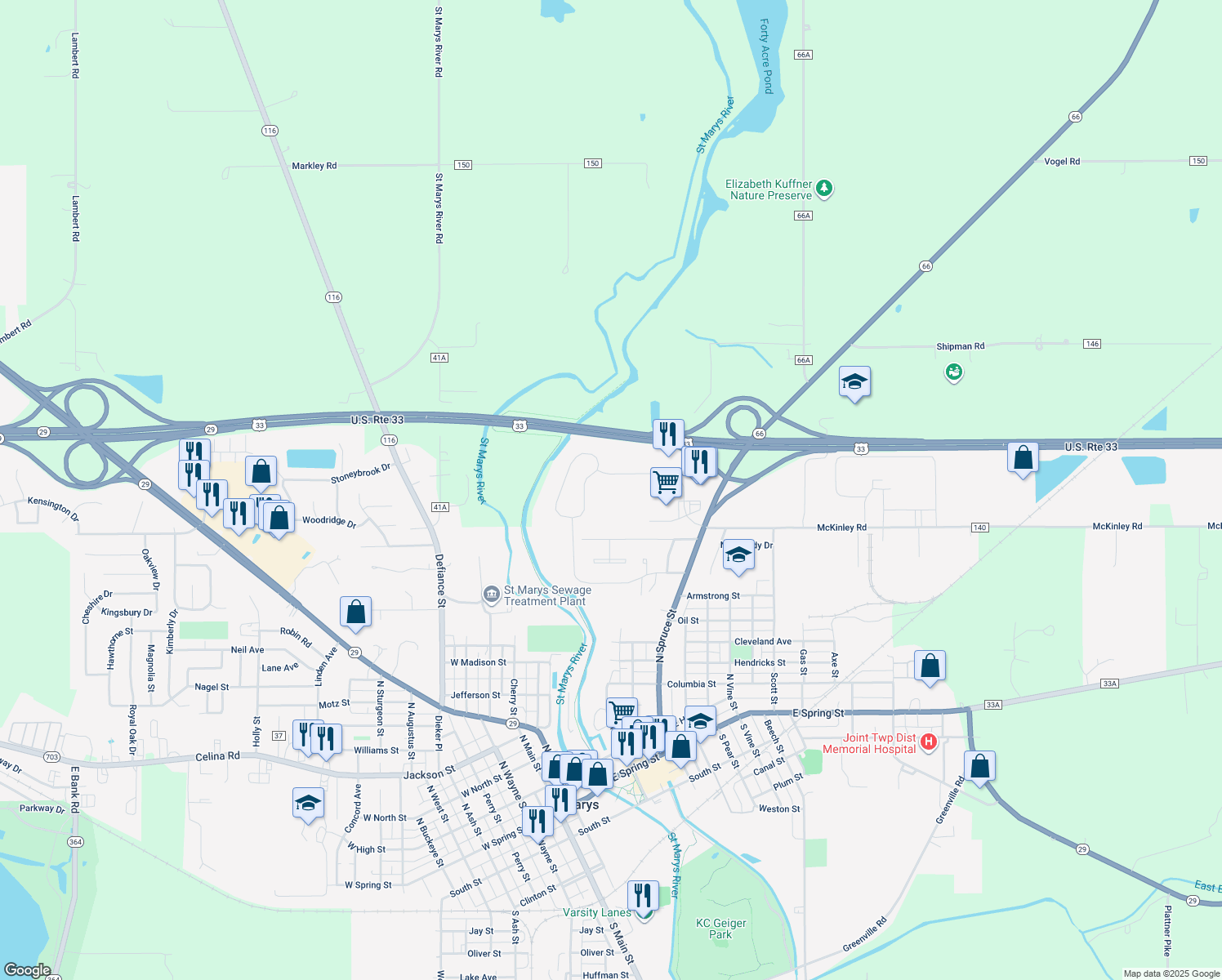 map of restaurants, bars, coffee shops, grocery stores, and more near 415 Fortman Drive in Saint Marys