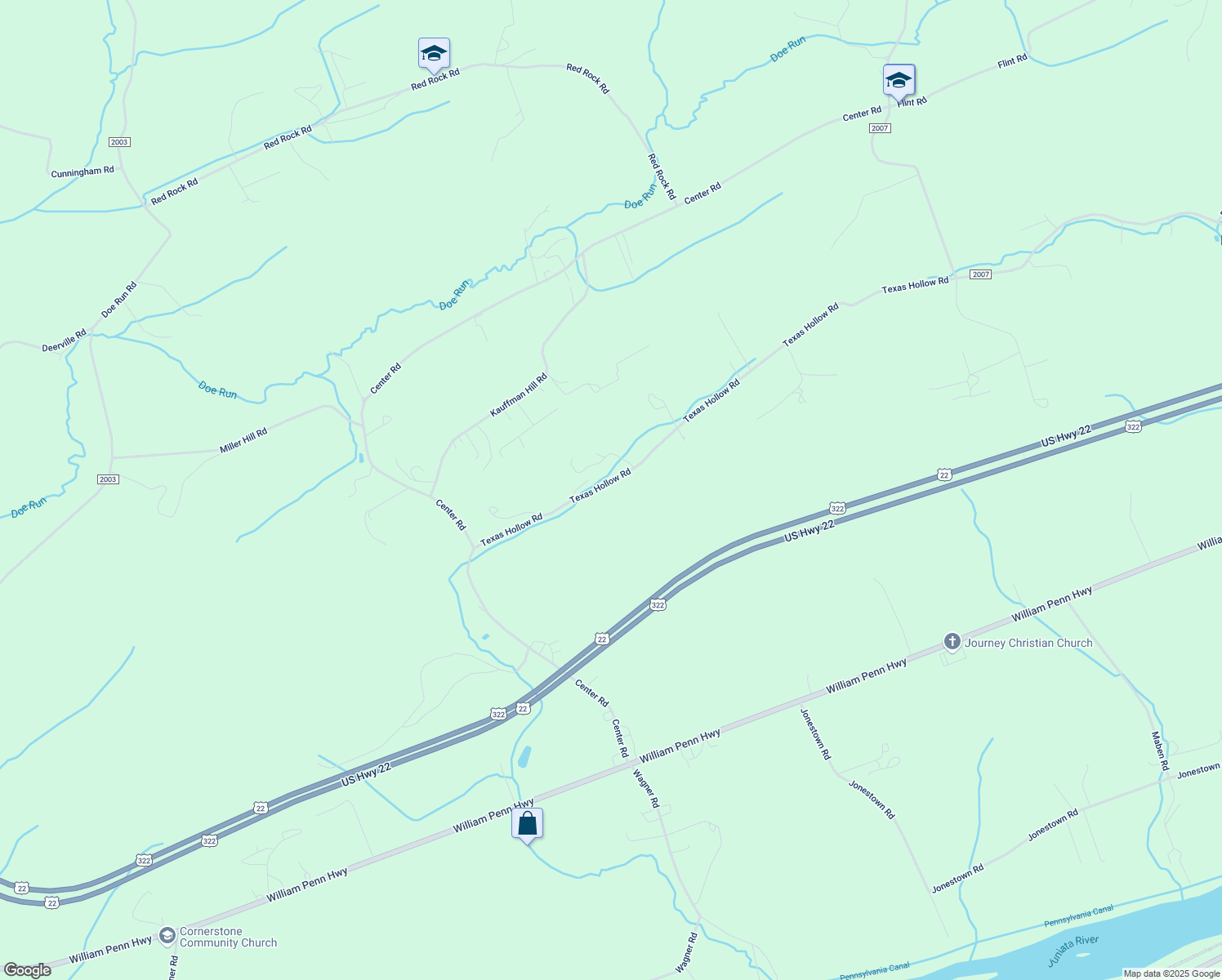 map of restaurants, bars, coffee shops, grocery stores, and more near 442 Texas Hollow Road in Mifflintown