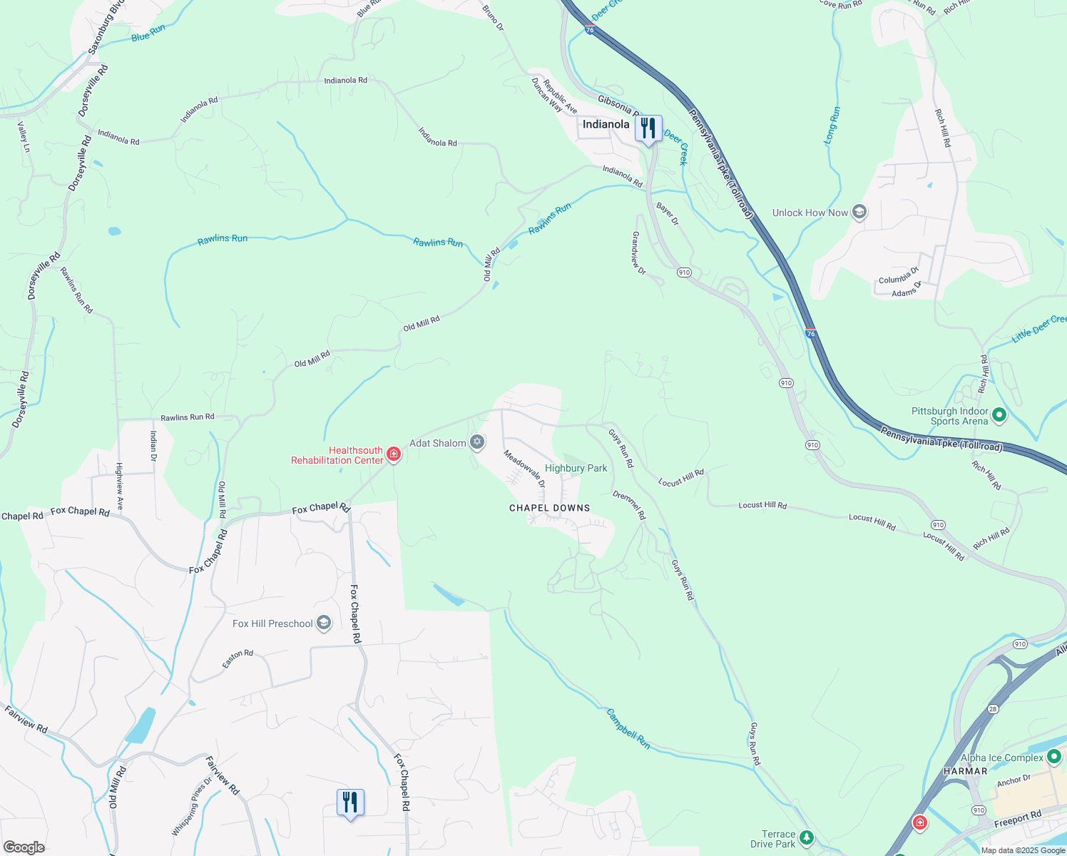 map of restaurants, bars, coffee shops, grocery stores, and more near 429 Guys Run Road in Cheswick
