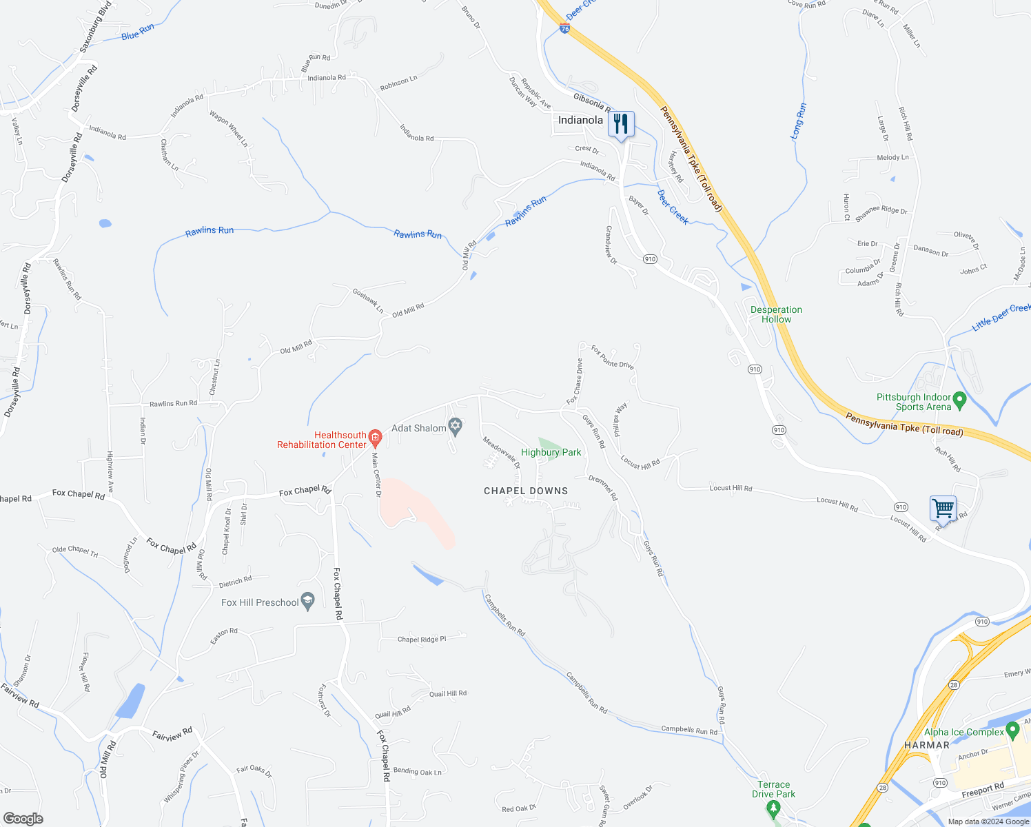 map of restaurants, bars, coffee shops, grocery stores, and more near 429 Guys Run Road in Cheswick