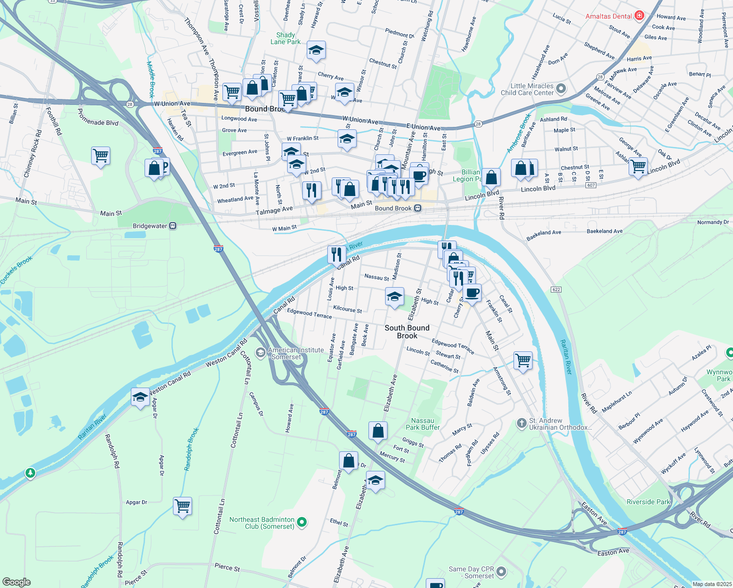 map of restaurants, bars, coffee shops, grocery stores, and more near 106 Shields Avenue in South Bound Brook