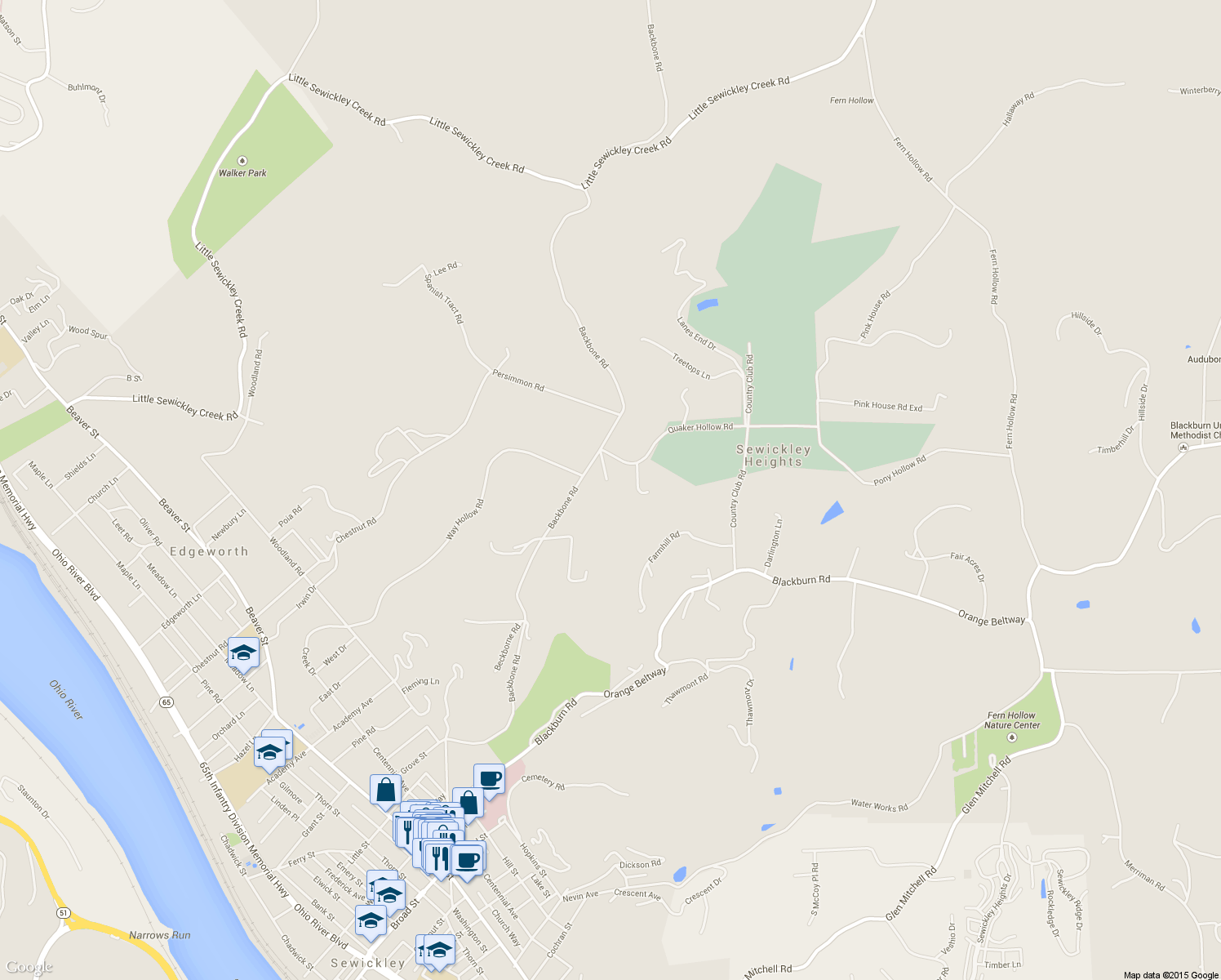 map of restaurants, bars, coffee shops, grocery stores, and more near 601 Backbone Road in Sewickley