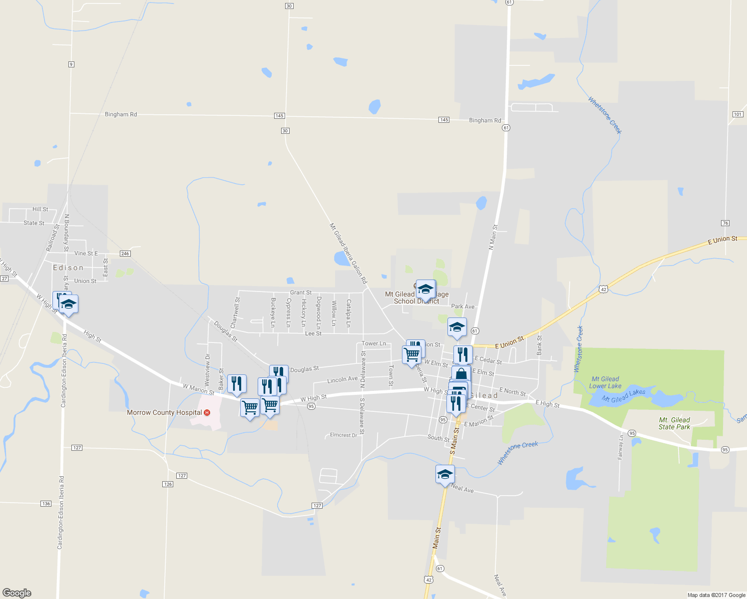 map of restaurants, bars, coffee shops, grocery stores, and more near 331 Iberia Street in Mount Gilead