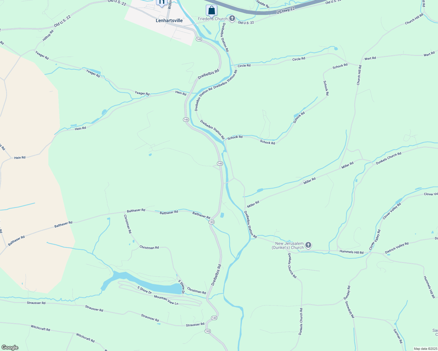 map of restaurants, bars, coffee shops, grocery stores, and more near 1019 Pennsylvania 143 in Lenhartsville