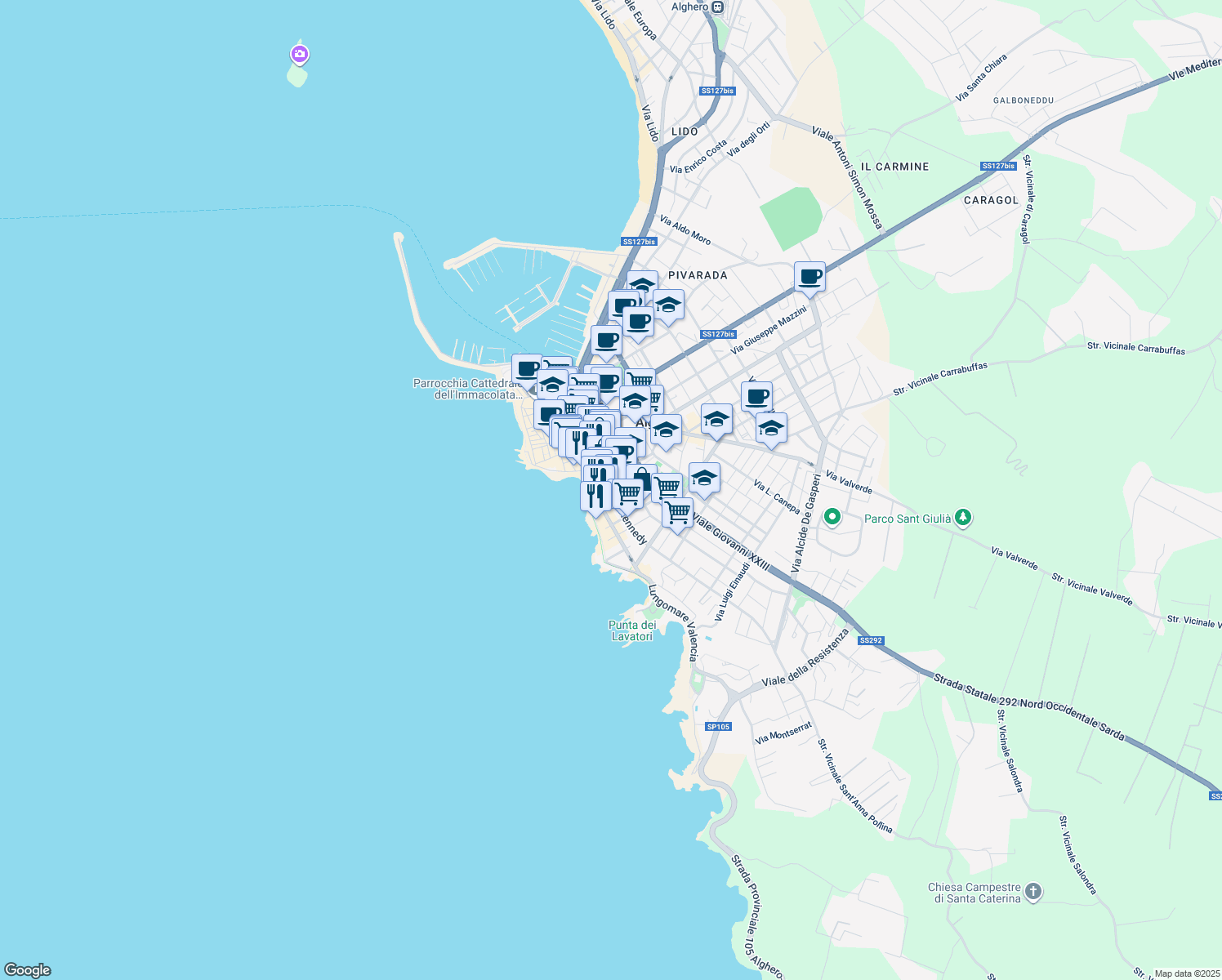 map of restaurants, bars, coffee shops, grocery stores, and more near 24 Via Fratelli Kennedy in Alghero