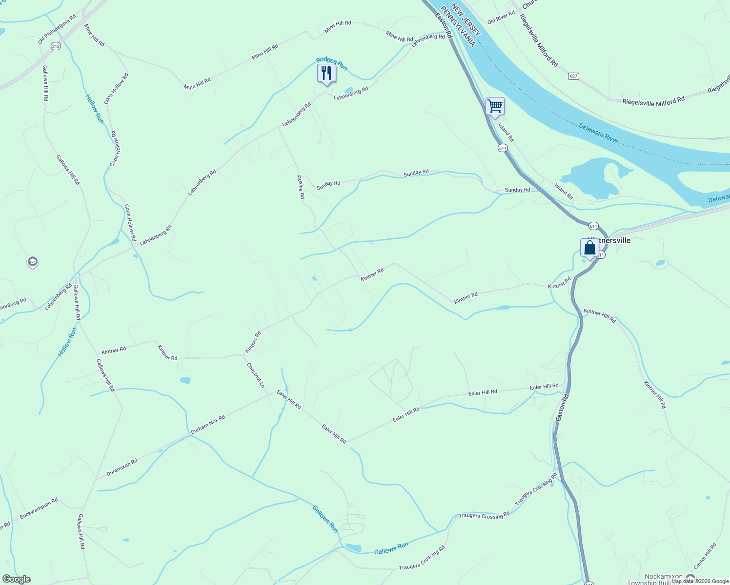 map of restaurants, bars, coffee shops, grocery stores, and more near 520 Kintner Road in Kintnersville