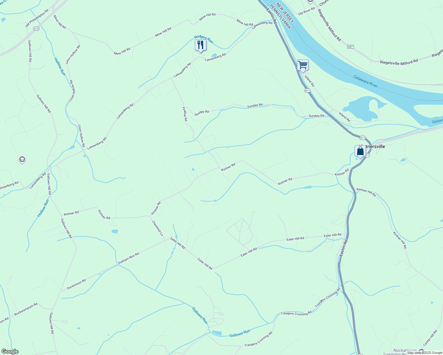 map of restaurants, bars, coffee shops, grocery stores, and more near 424 Kintner Road in Kintnersville