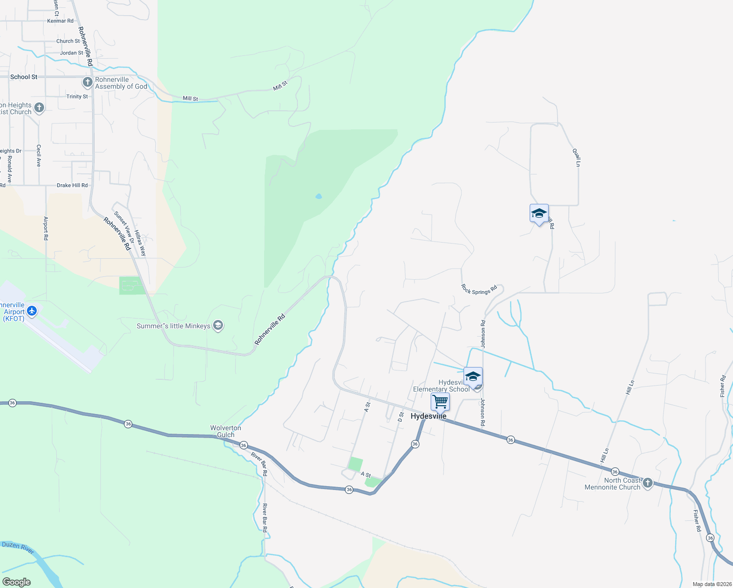 map of restaurants, bars, coffee shops, grocery stores, and more near 6319 Rohnerville Road in Hydesville