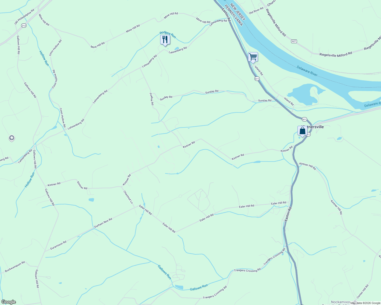 map of restaurants, bars, coffee shops, grocery stores, and more near 520 Kintner Road in Kintnersville