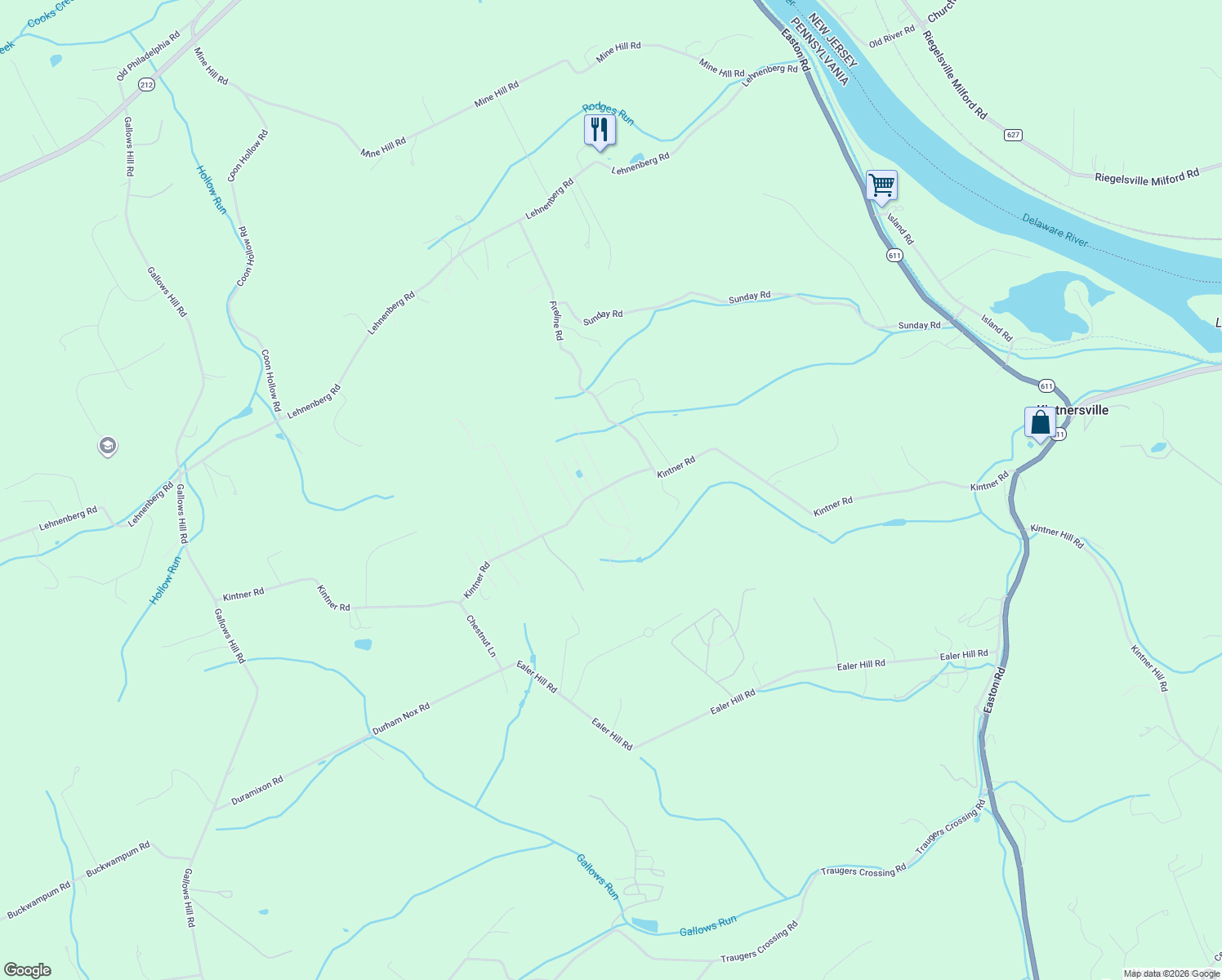 map of restaurants, bars, coffee shops, grocery stores, and more near 416 Kintner Road in Kintnersville
