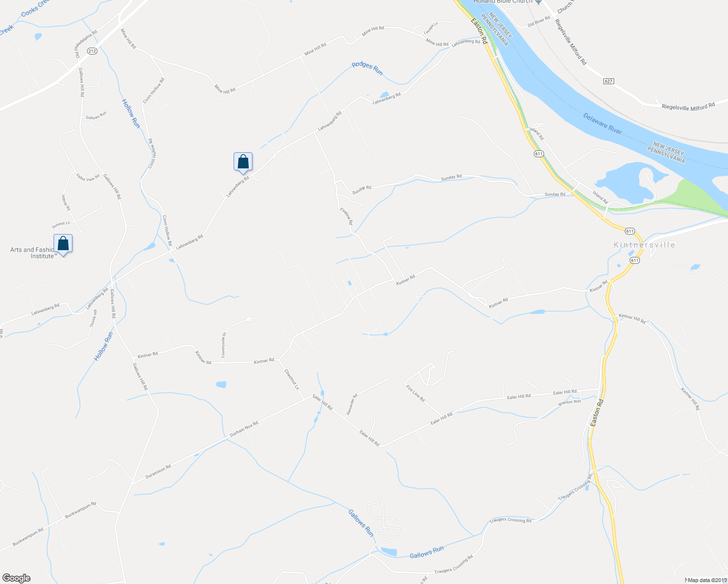 map of restaurants, bars, coffee shops, grocery stores, and more near 447 Kintner Road in Kintnersville