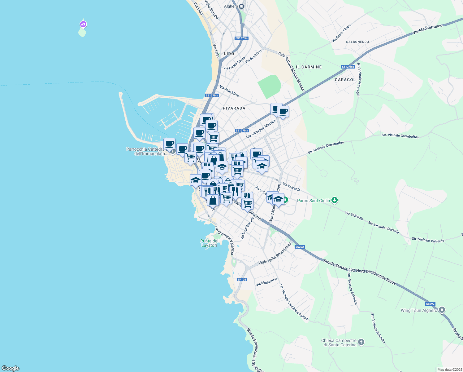 map of restaurants, bars, coffee shops, grocery stores, and more near 69/E Via Alessandro Manzoni in Alghero