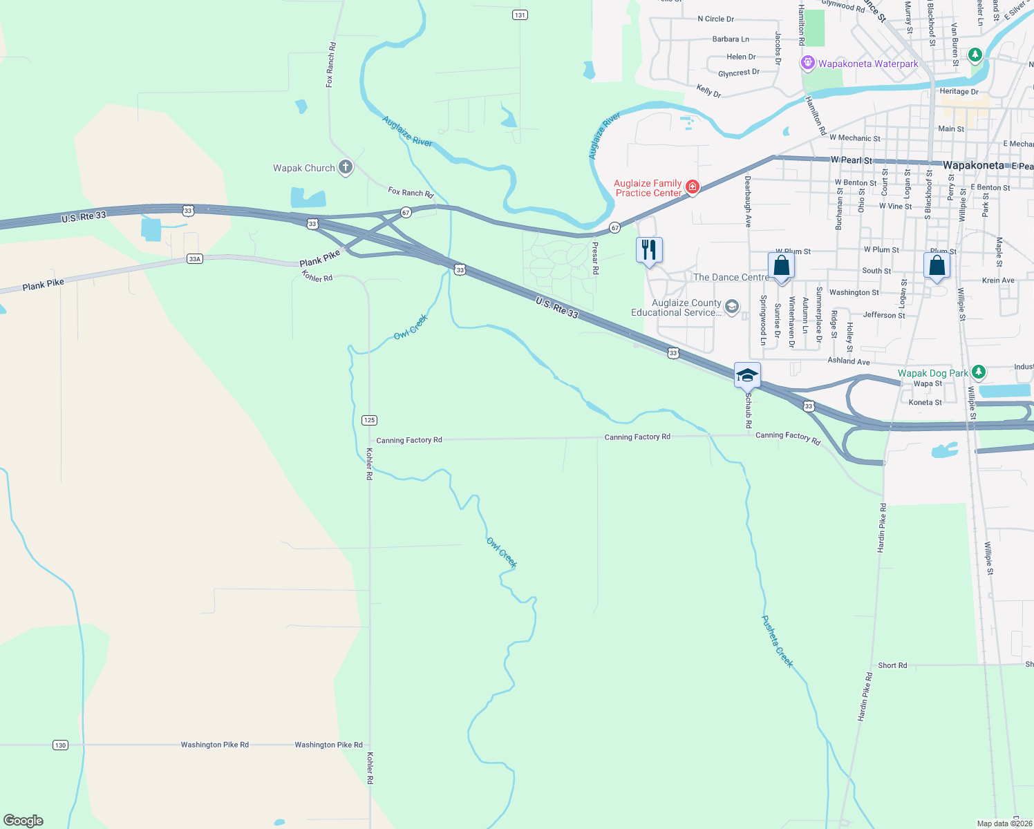 map of restaurants, bars, coffee shops, grocery stores, and more near 11979 Canning Factory Road in Wapakoneta
