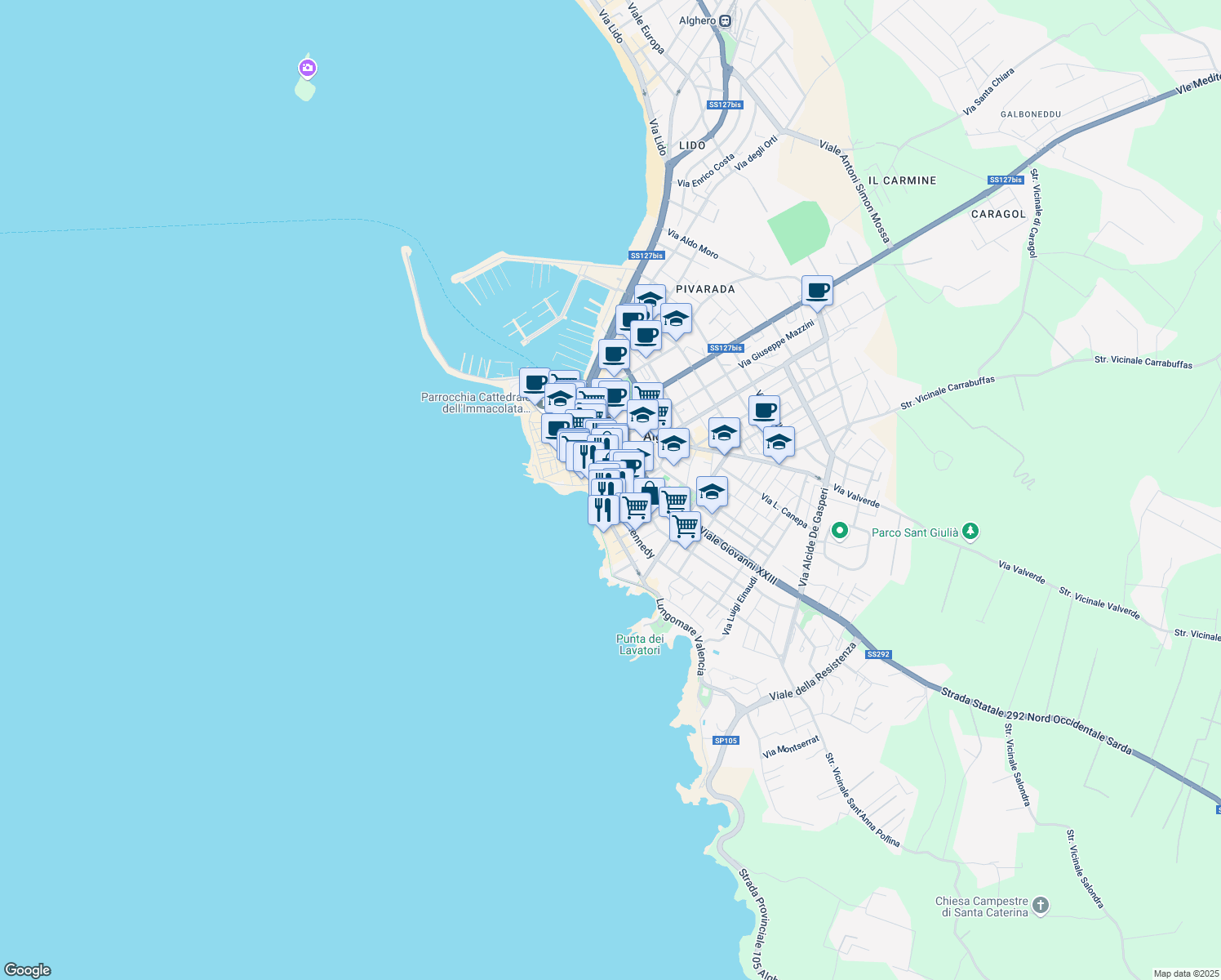 map of restaurants, bars, coffee shops, grocery stores, and more near 24 Via Fratelli Kennedy in Alghero