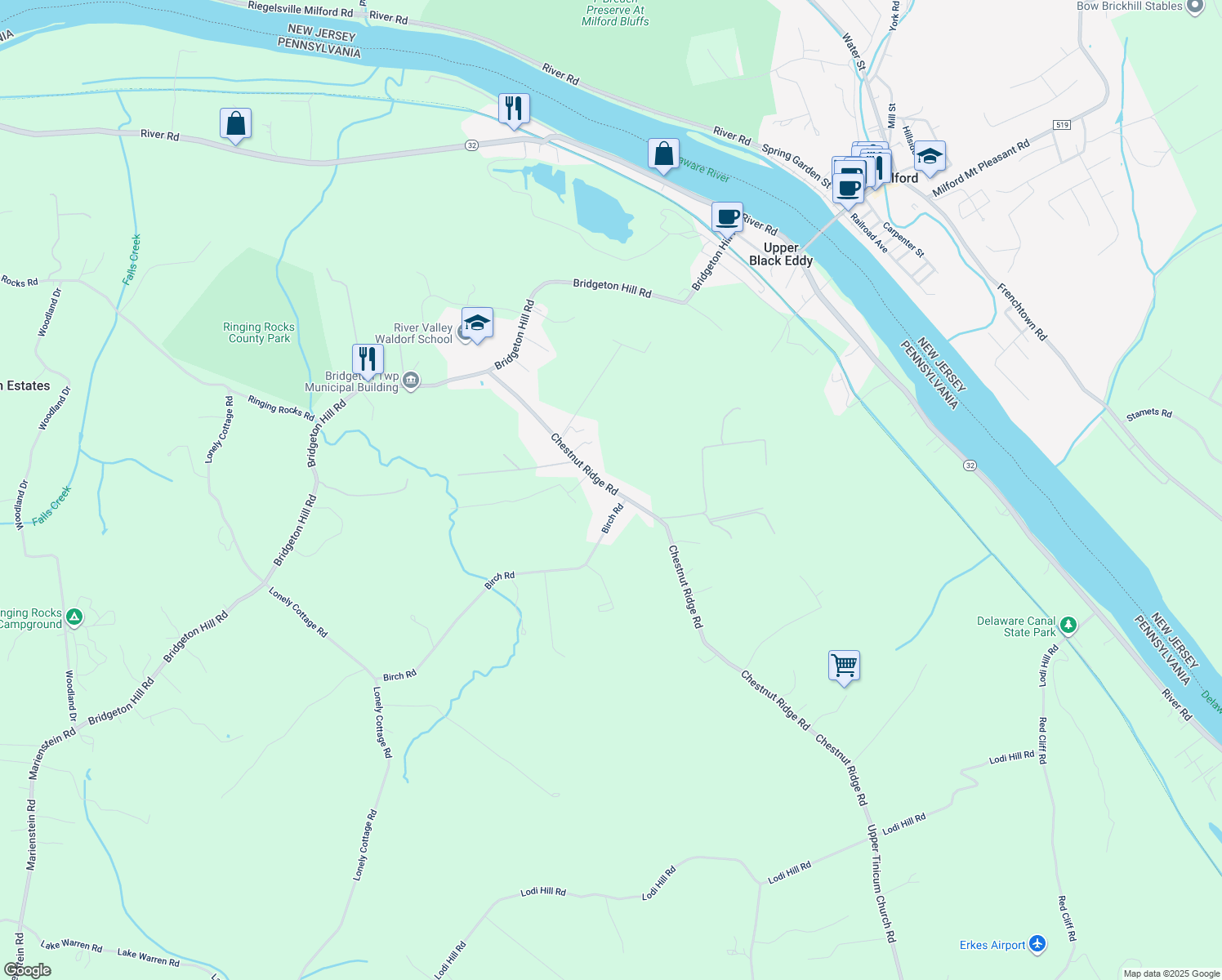 map of restaurants, bars, coffee shops, grocery stores, and more near 1612 Chestnut Ridge Rd in Upper Black Eddy