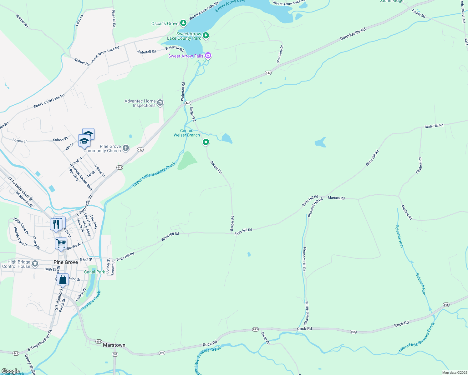 map of restaurants, bars, coffee shops, grocery stores, and more near 64 Berger Road in Pine Grove