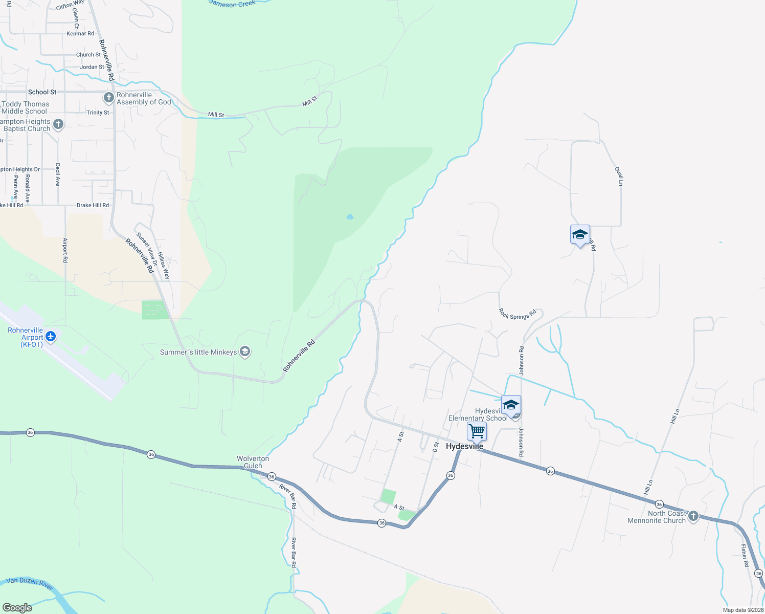 map of restaurants, bars, coffee shops, grocery stores, and more near 6243 Rohnerville Road in Hydesville
