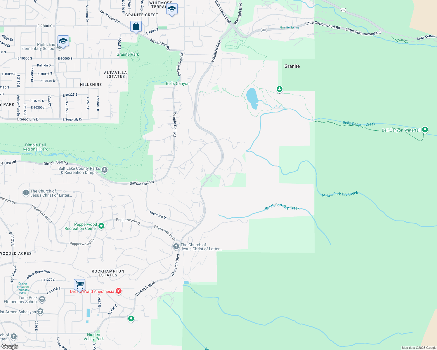map of restaurants, bars, coffee shops, grocery stores, and more near 3303 Lone Springs Cove in Sandy