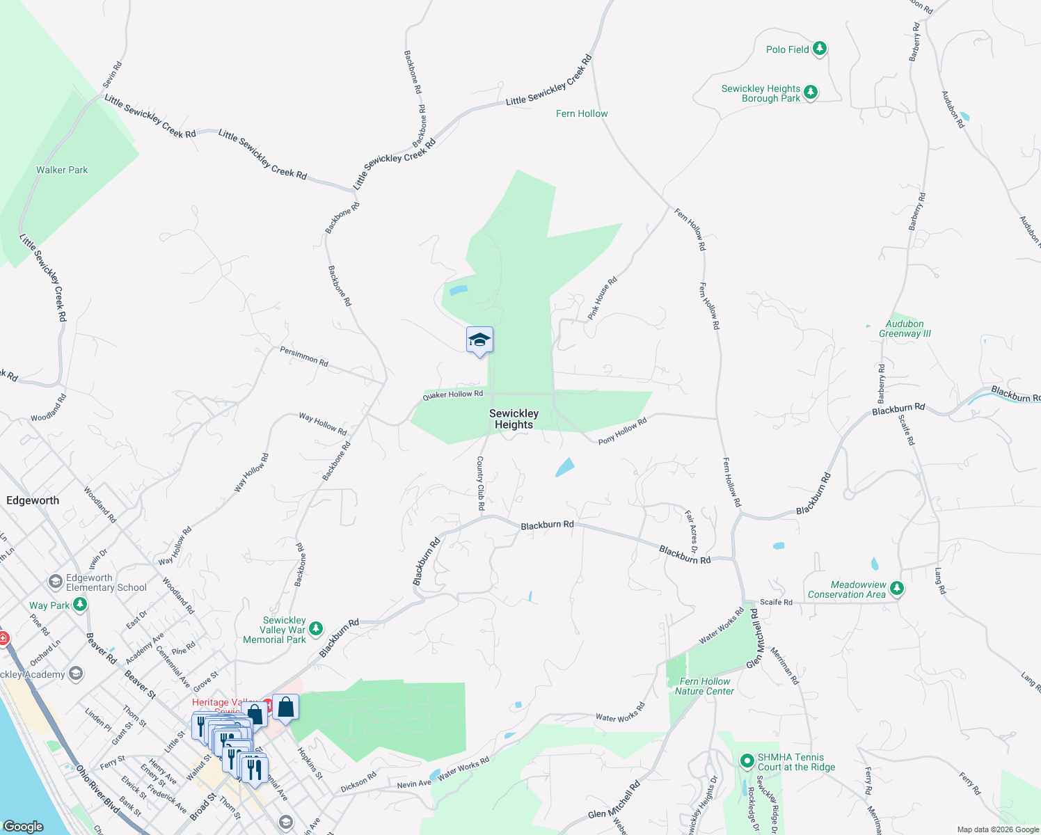 map of restaurants, bars, coffee shops, grocery stores, and more near in Sewickley Heights