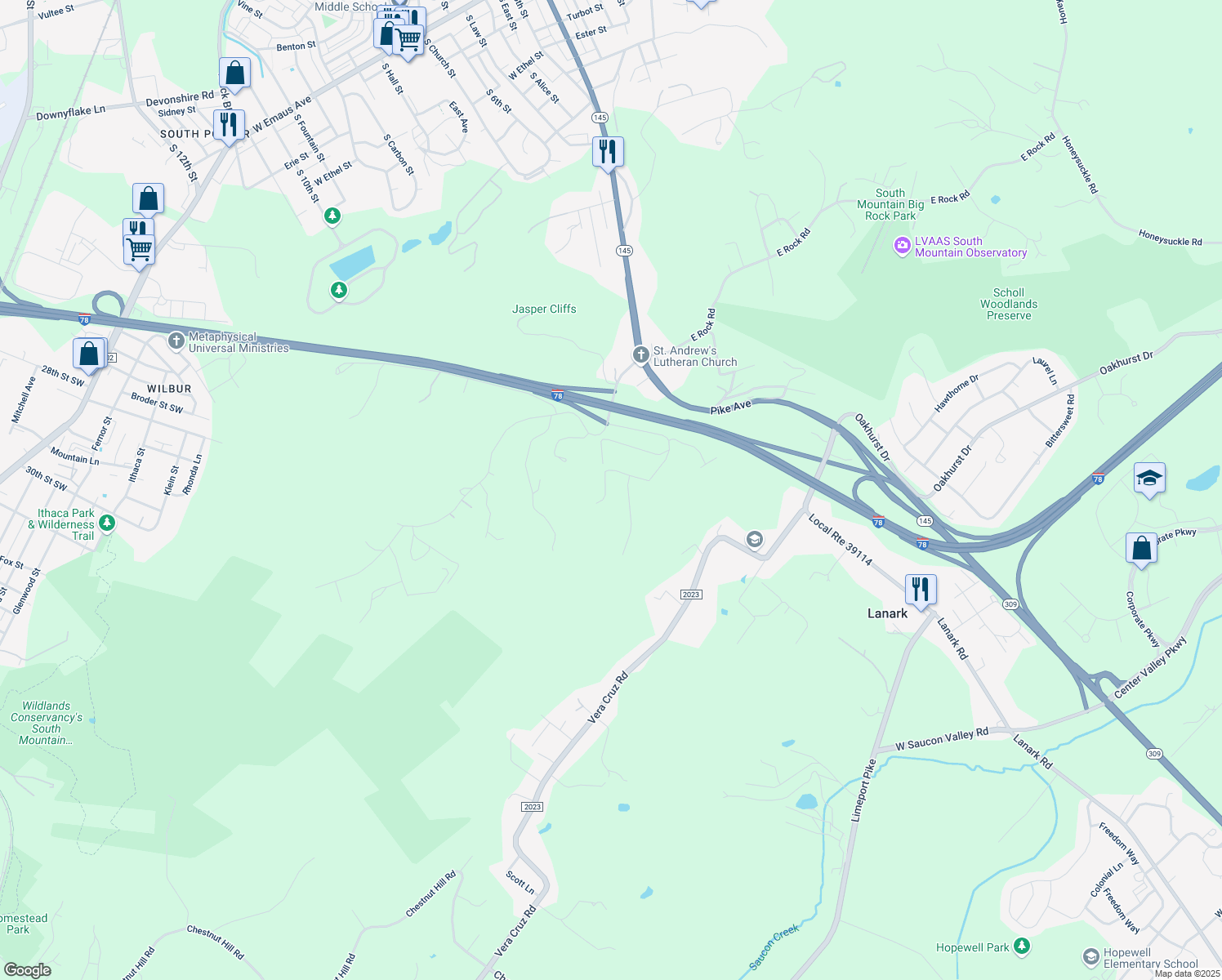 map of restaurants, bars, coffee shops, grocery stores, and more near 2660 Brentwood Drive in Coopersburg
