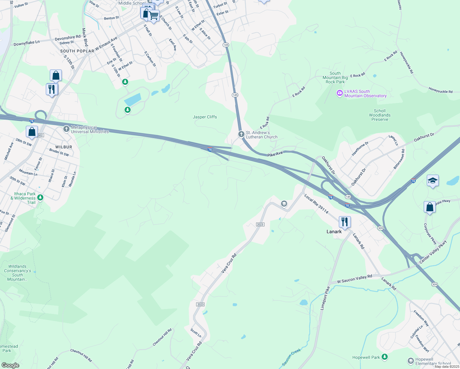map of restaurants, bars, coffee shops, grocery stores, and more near 2660 Brentwood Drive in Coopersburg