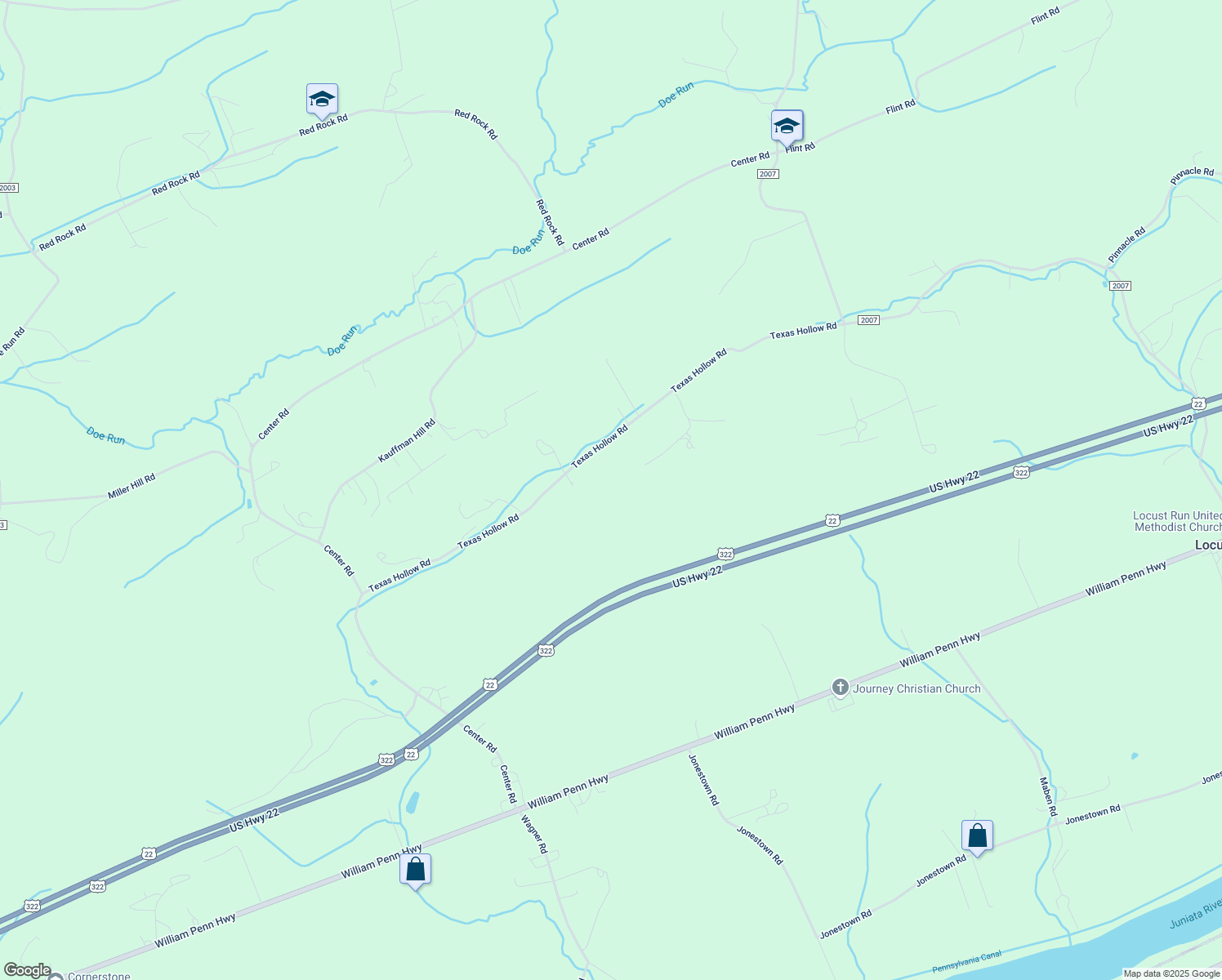 map of restaurants, bars, coffee shops, grocery stores, and more near 764 Texas Hollow Road in Mifflintown