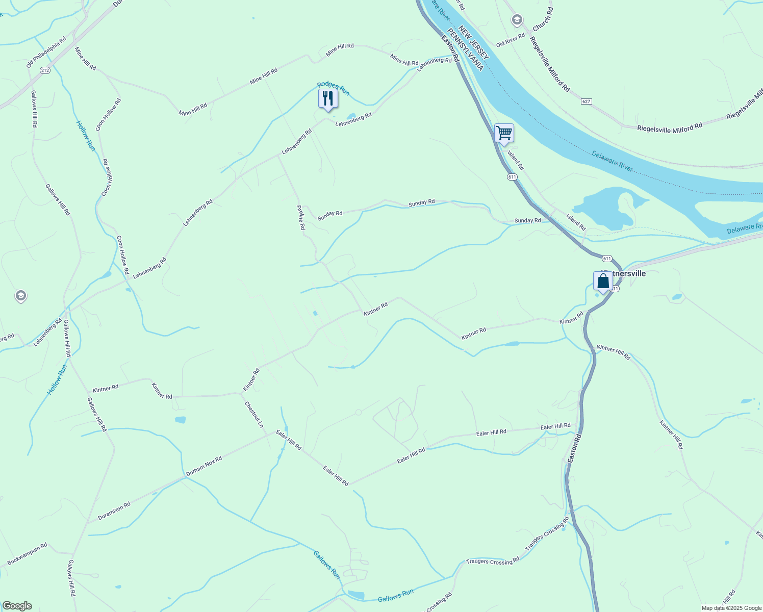 map of restaurants, bars, coffee shops, grocery stores, and more near 534 Kintner Road in Kintnersville