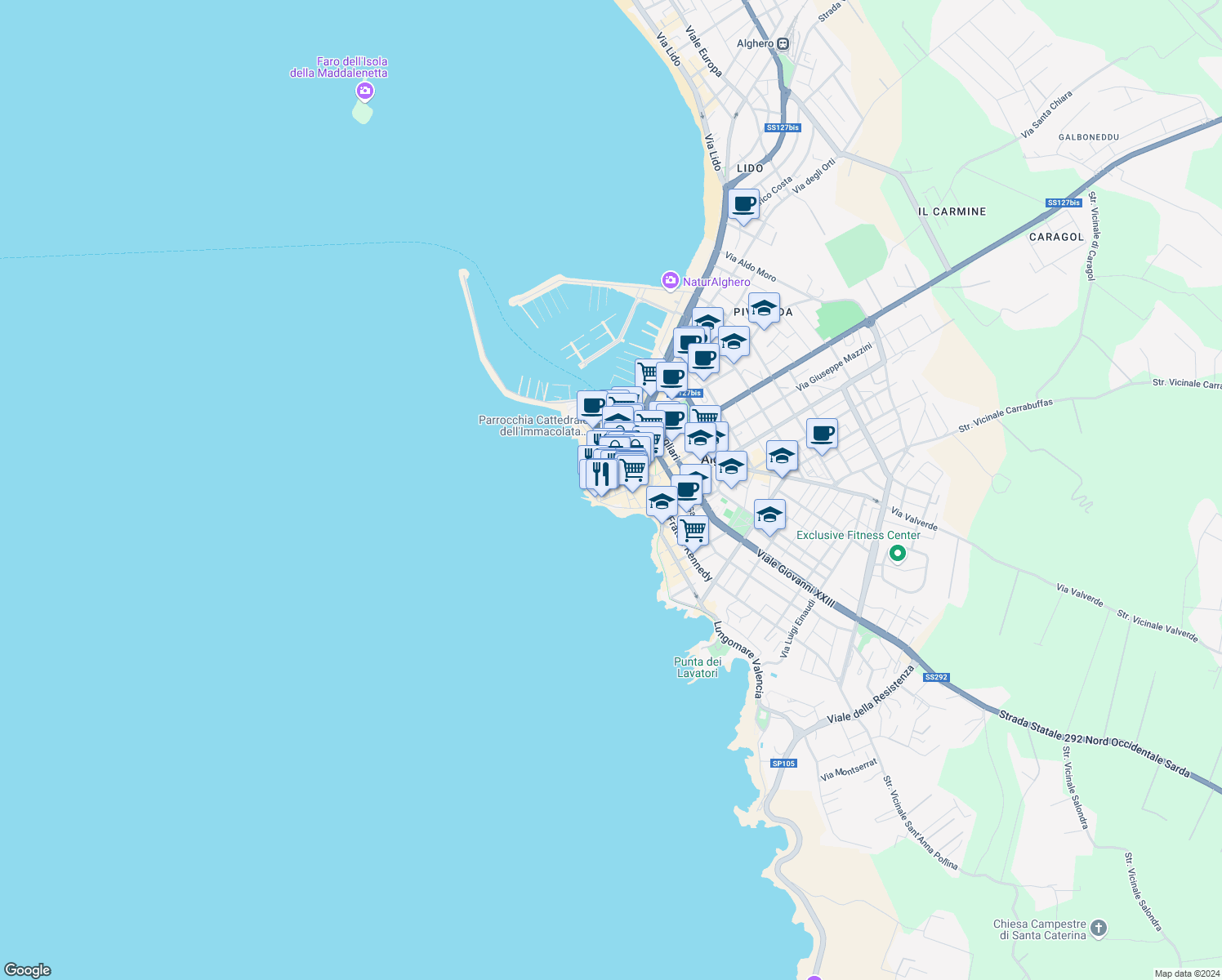 map of restaurants, bars, coffee shops, grocery stores, and more near in Alghero