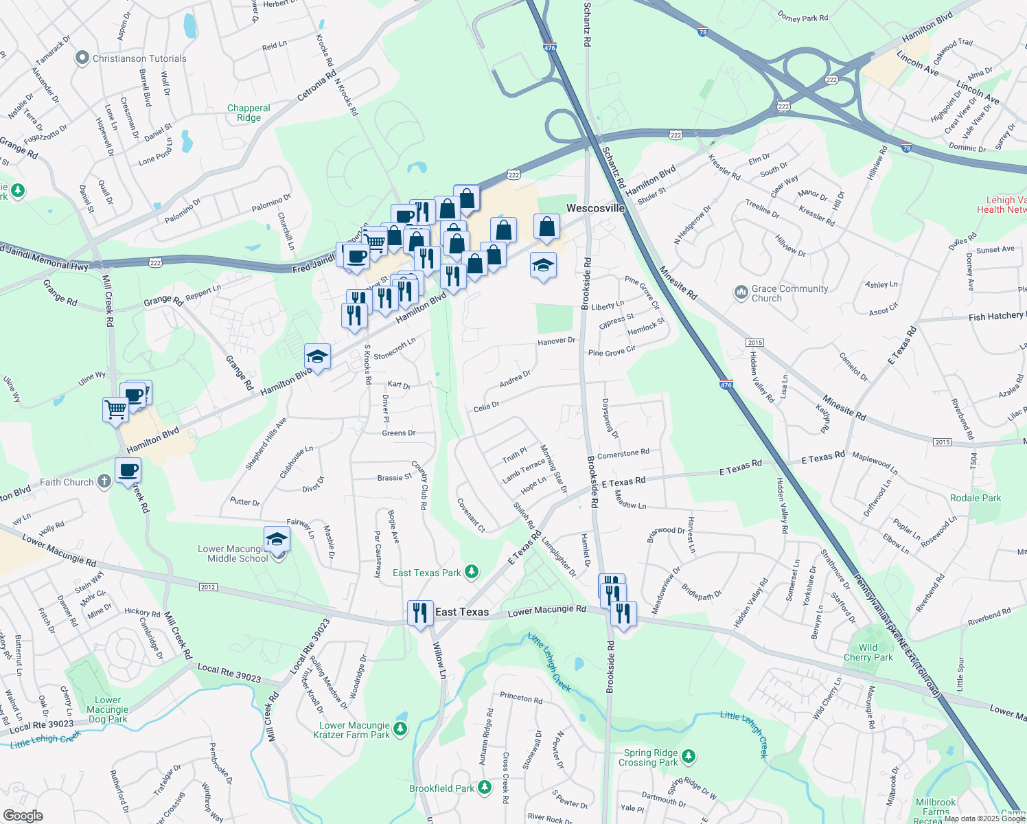 map of restaurants, bars, coffee shops, grocery stores, and more near 1367 Morning Star Dr in Allentown