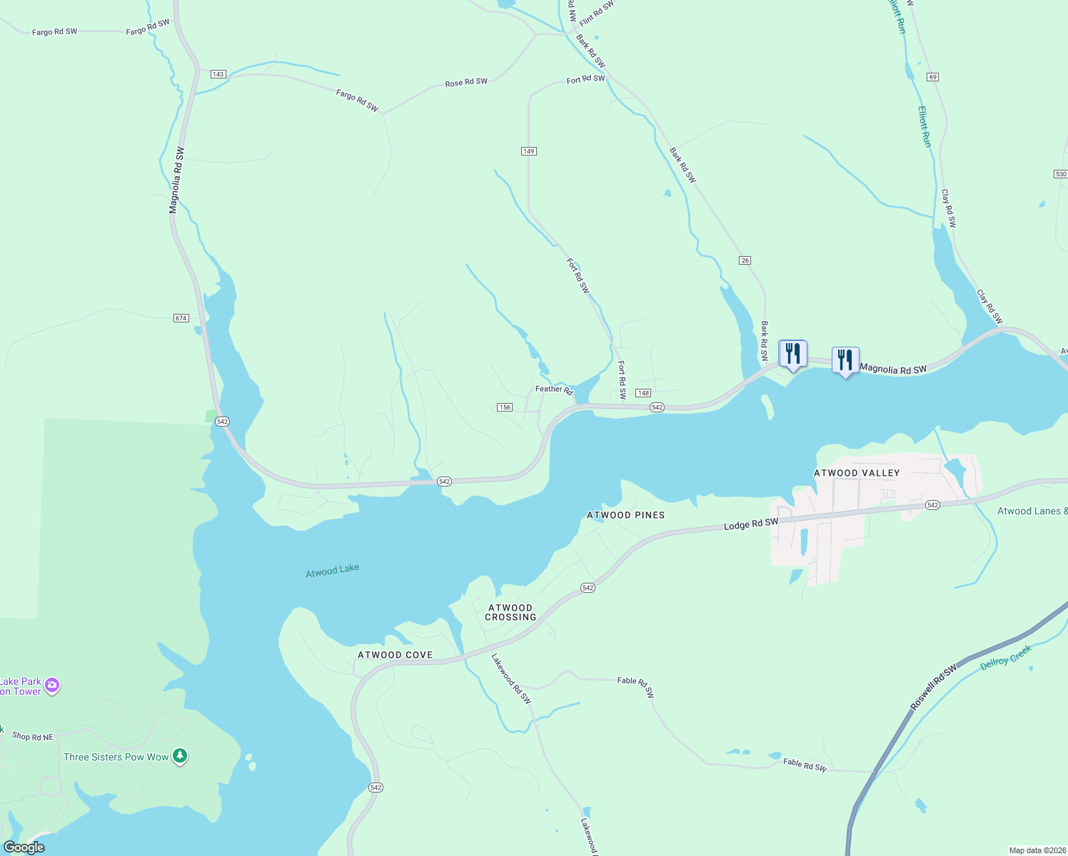 map of restaurants, bars, coffee shops, grocery stores, and more near 1123 Fawn Rd SW in Dellroy