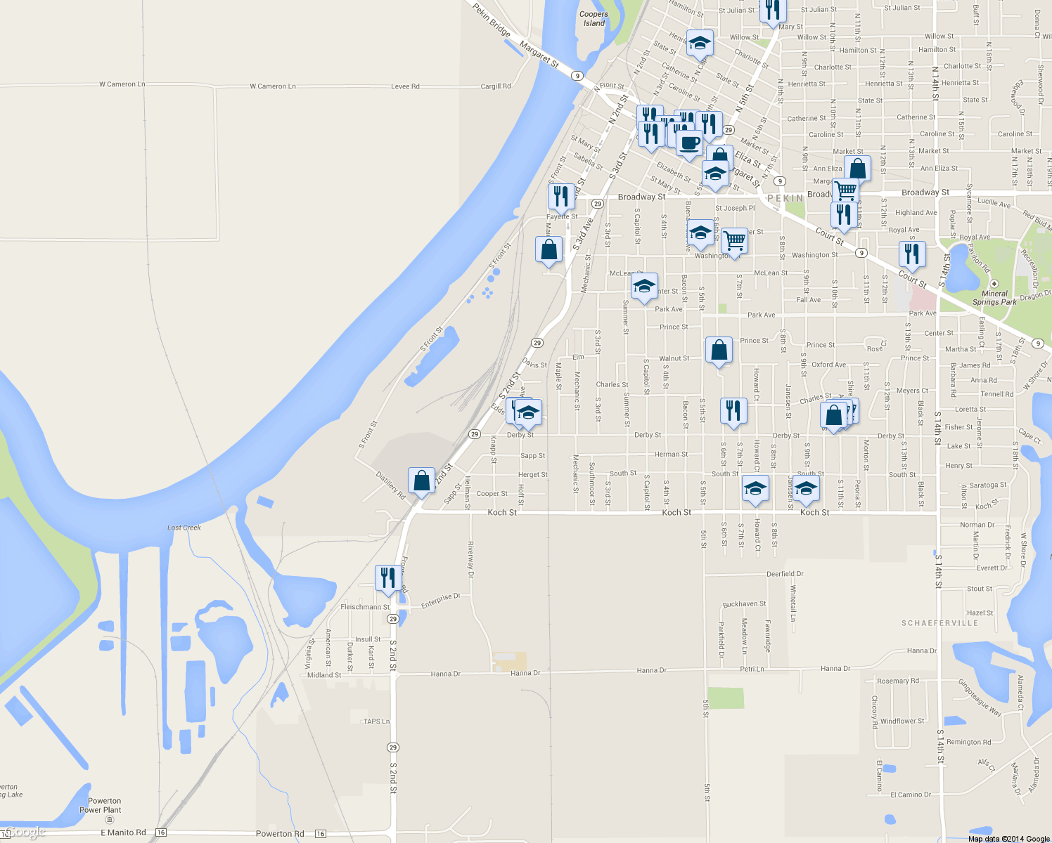 map of restaurants, bars, coffee shops, grocery stores, and more near 112 Edds Street in Pekin
