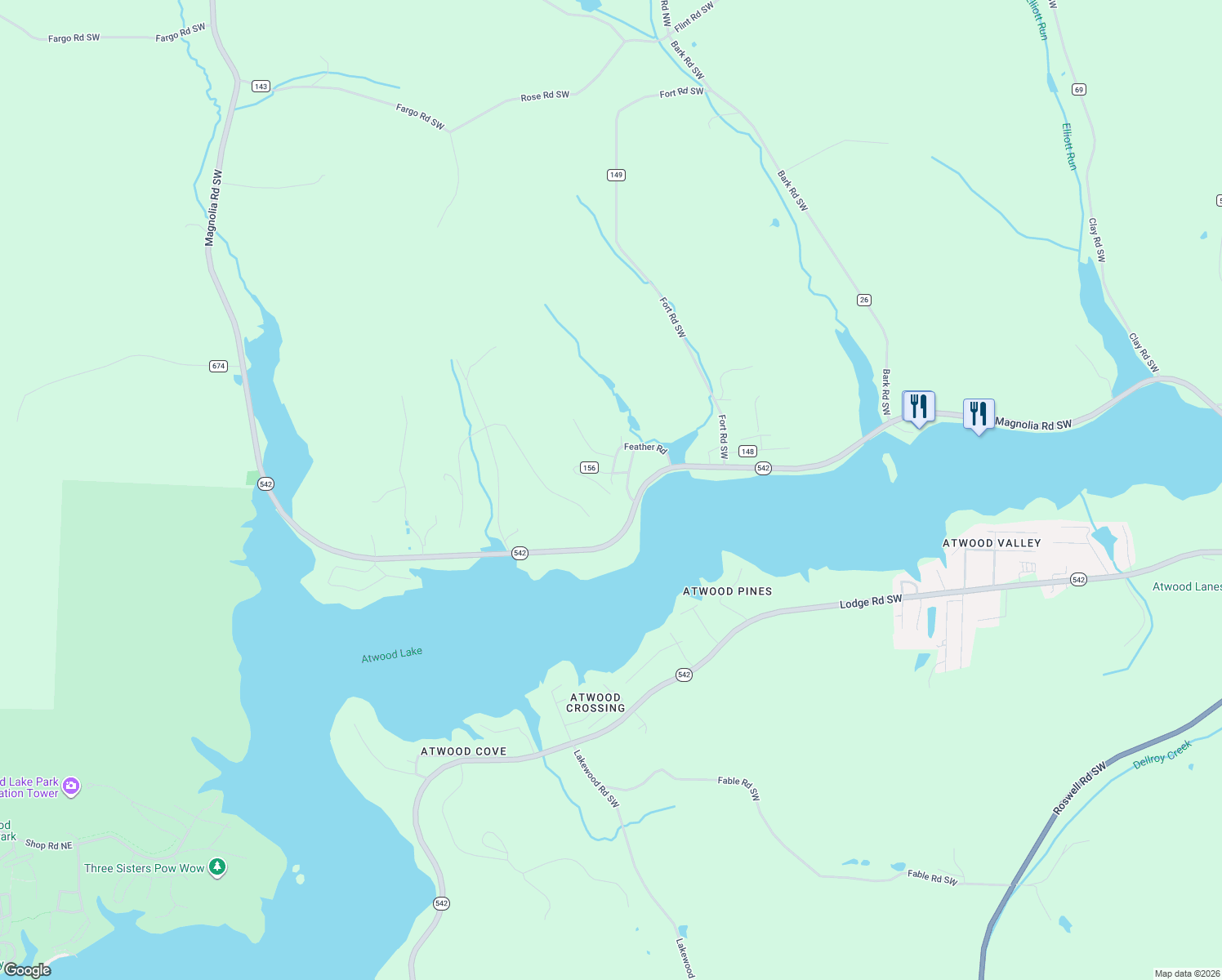 map of restaurants, bars, coffee shops, grocery stores, and more near 1123 Fawn Road Southwest in Dellroy
