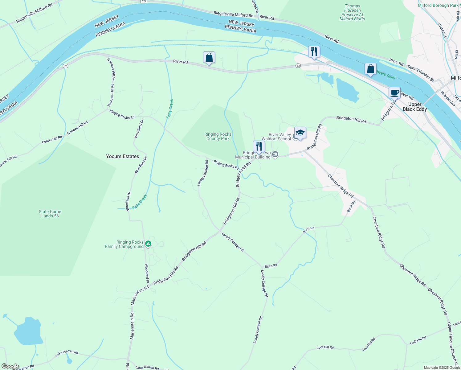 map of restaurants, bars, coffee shops, grocery stores, and more near 1285 Bridgeton Hill Road in Upper Black Eddy