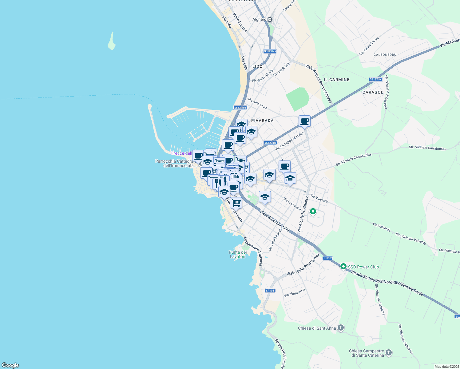 map of restaurants, bars, coffee shops, grocery stores, and more near 38 Via Sassari in Alghero