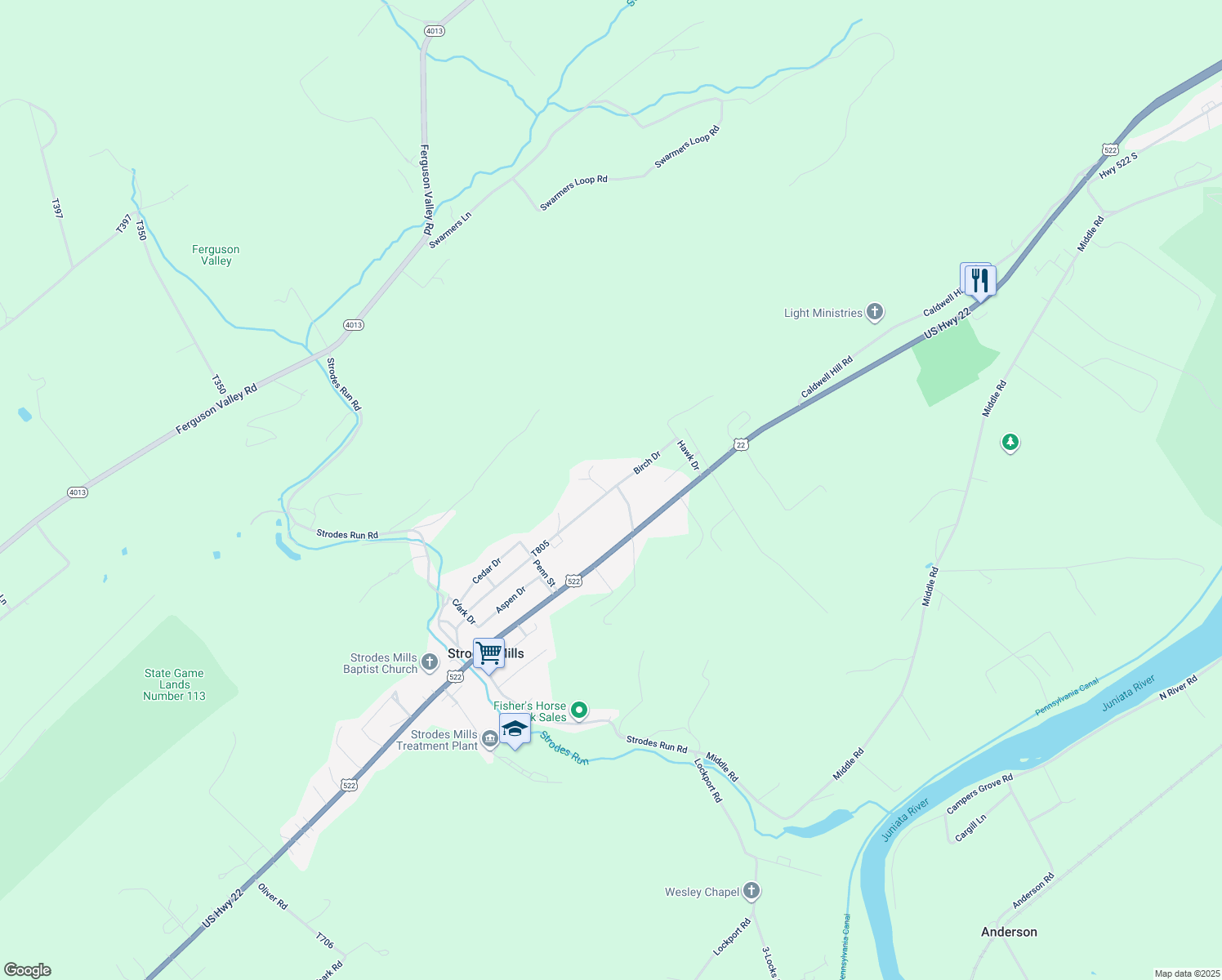 map of restaurants, bars, coffee shops, grocery stores, and more near 161 Birch Drive in Lewistown